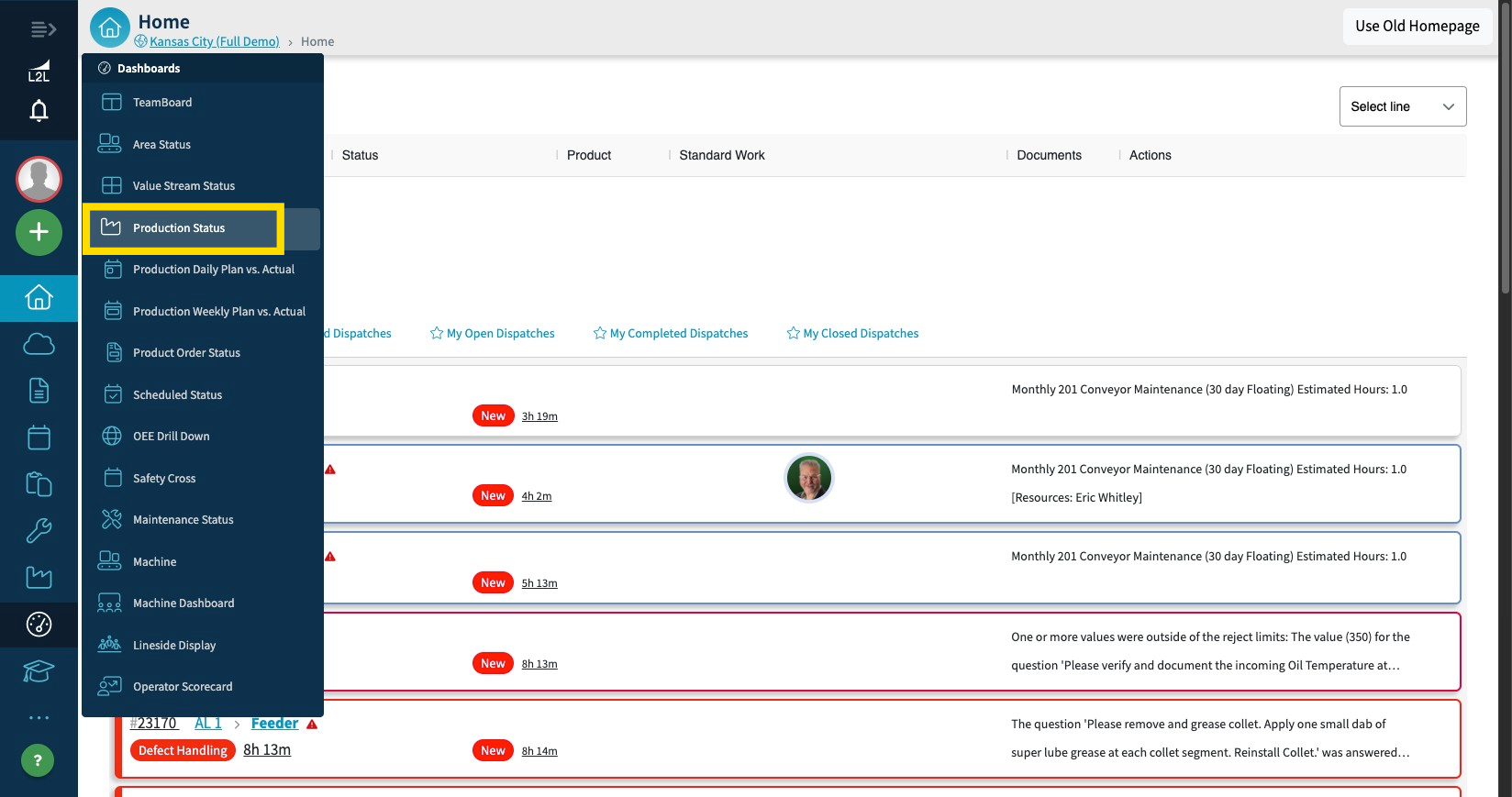 Main sidebar menu with Dashboards and Production Status selected