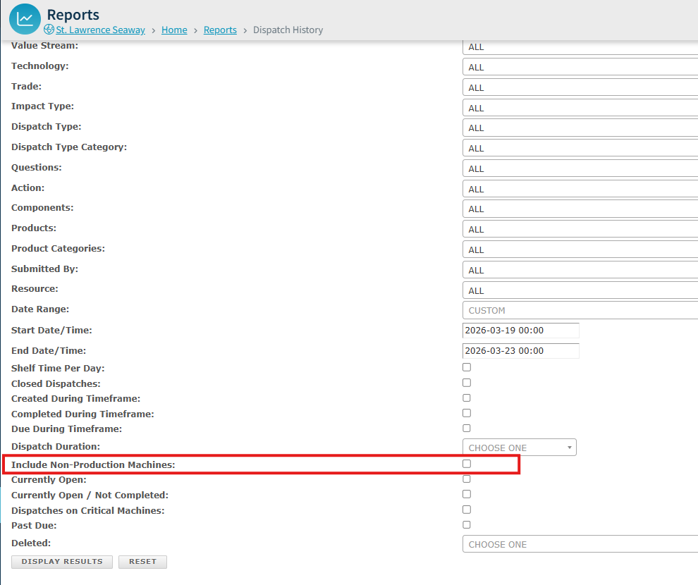 Dispatch History report filters with Include Non-Production Machines selected