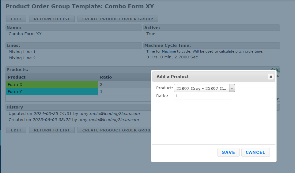 Product Order Group Template detail page with products and ratios