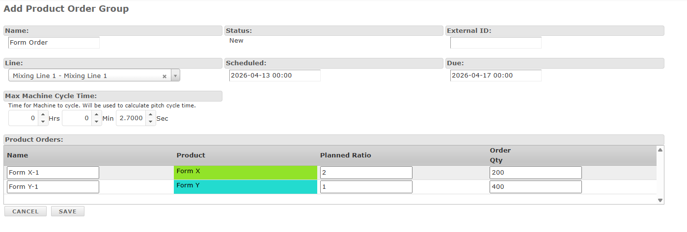 Add Product Order Group with products and planned ratios from template