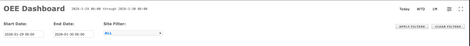 OEE Dashboard filter bar with date range and site filter