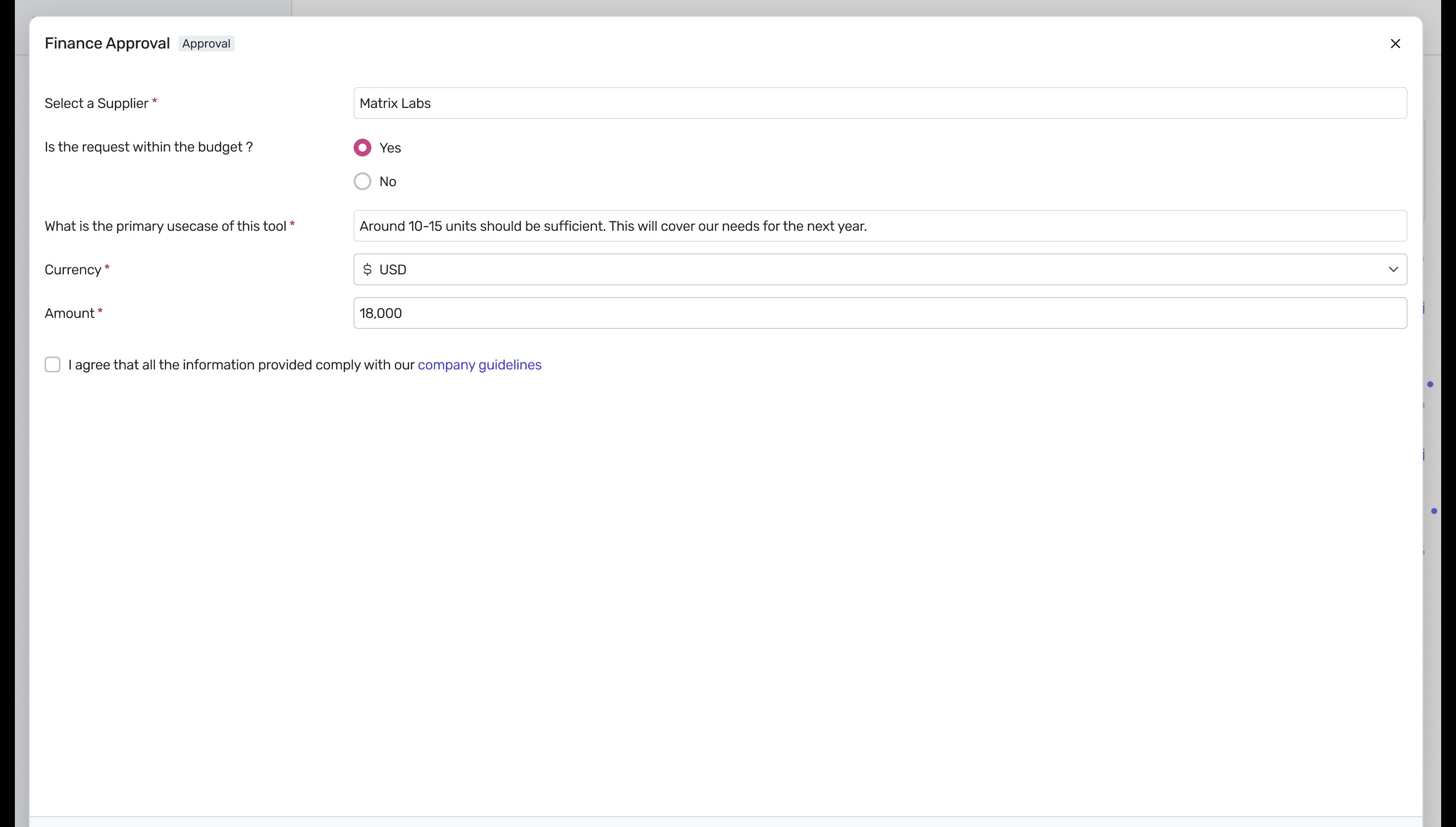 Finance Approval modal with compliance checkbox