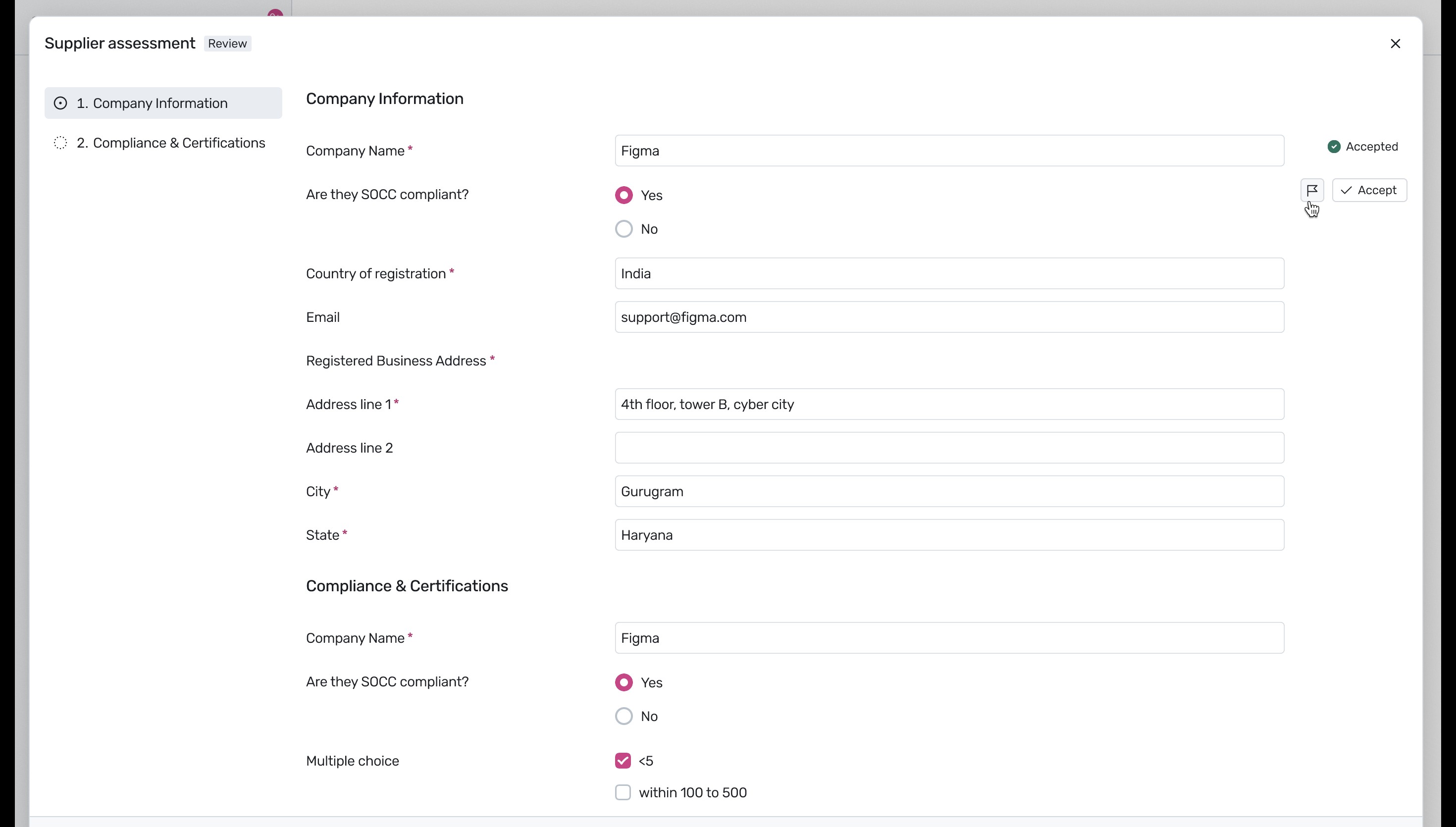 Supplier assessment questionnaire with Flag icon