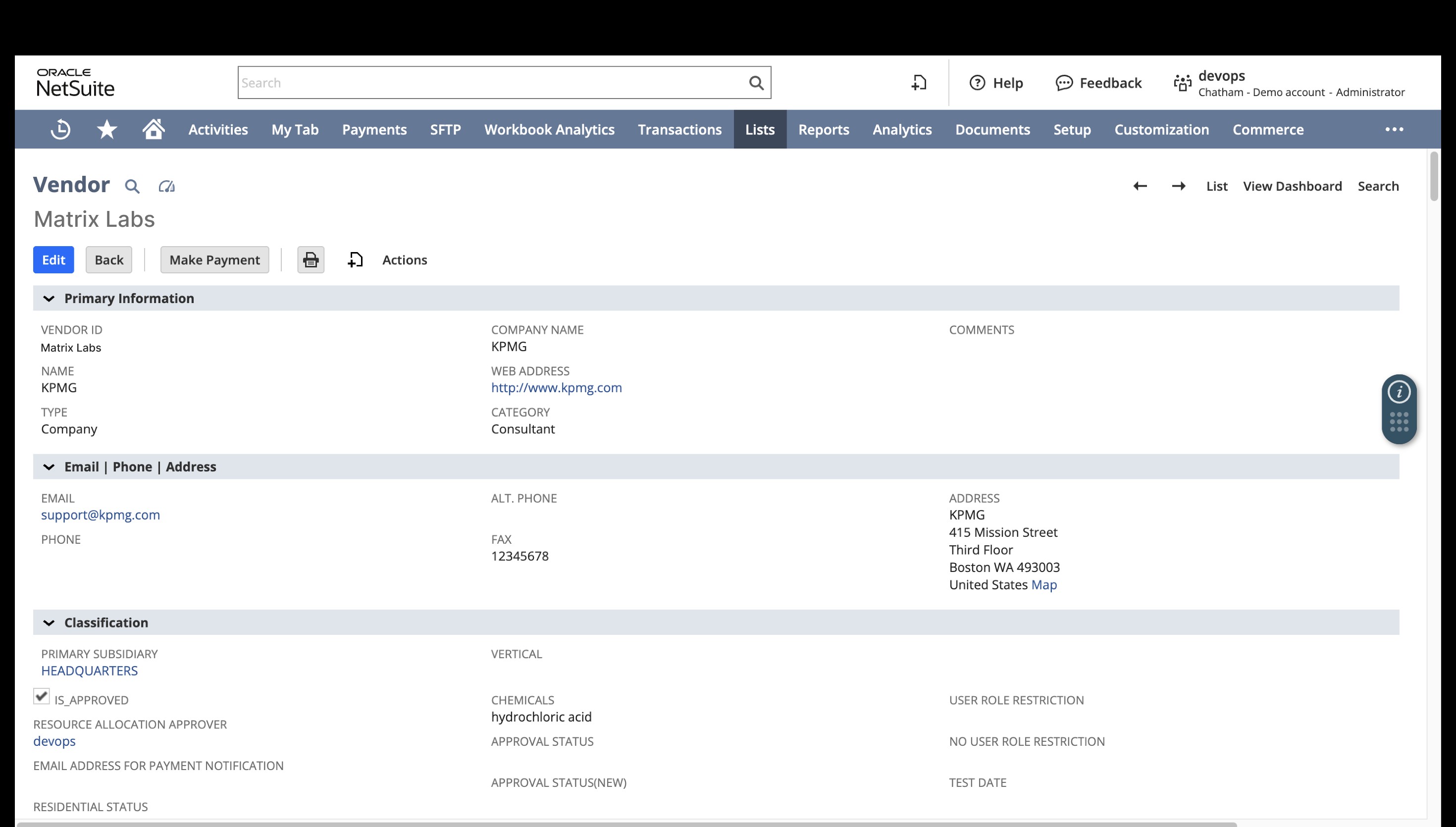 NetSuite vendor profile page