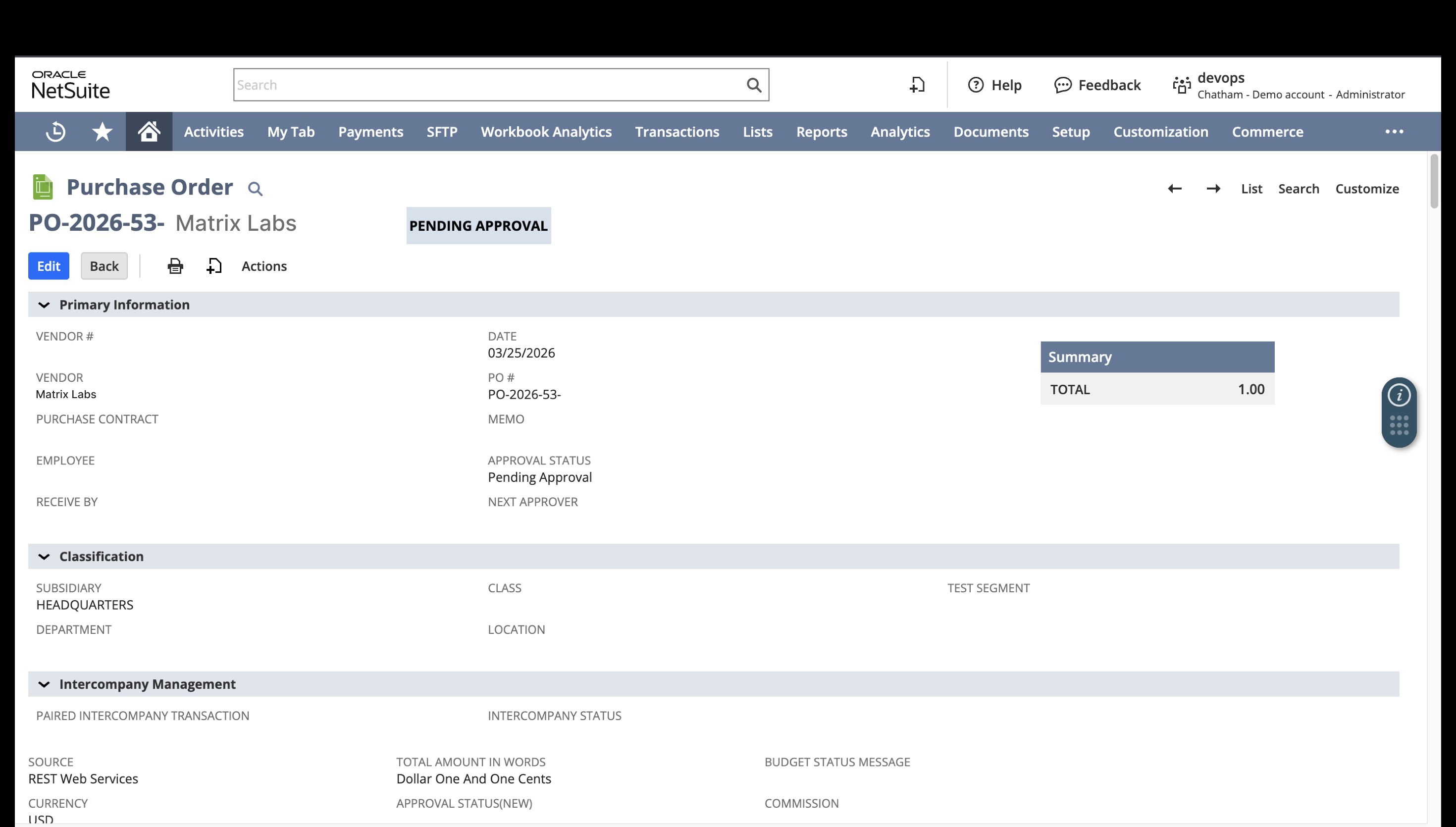 NetSuite Purchase Order record