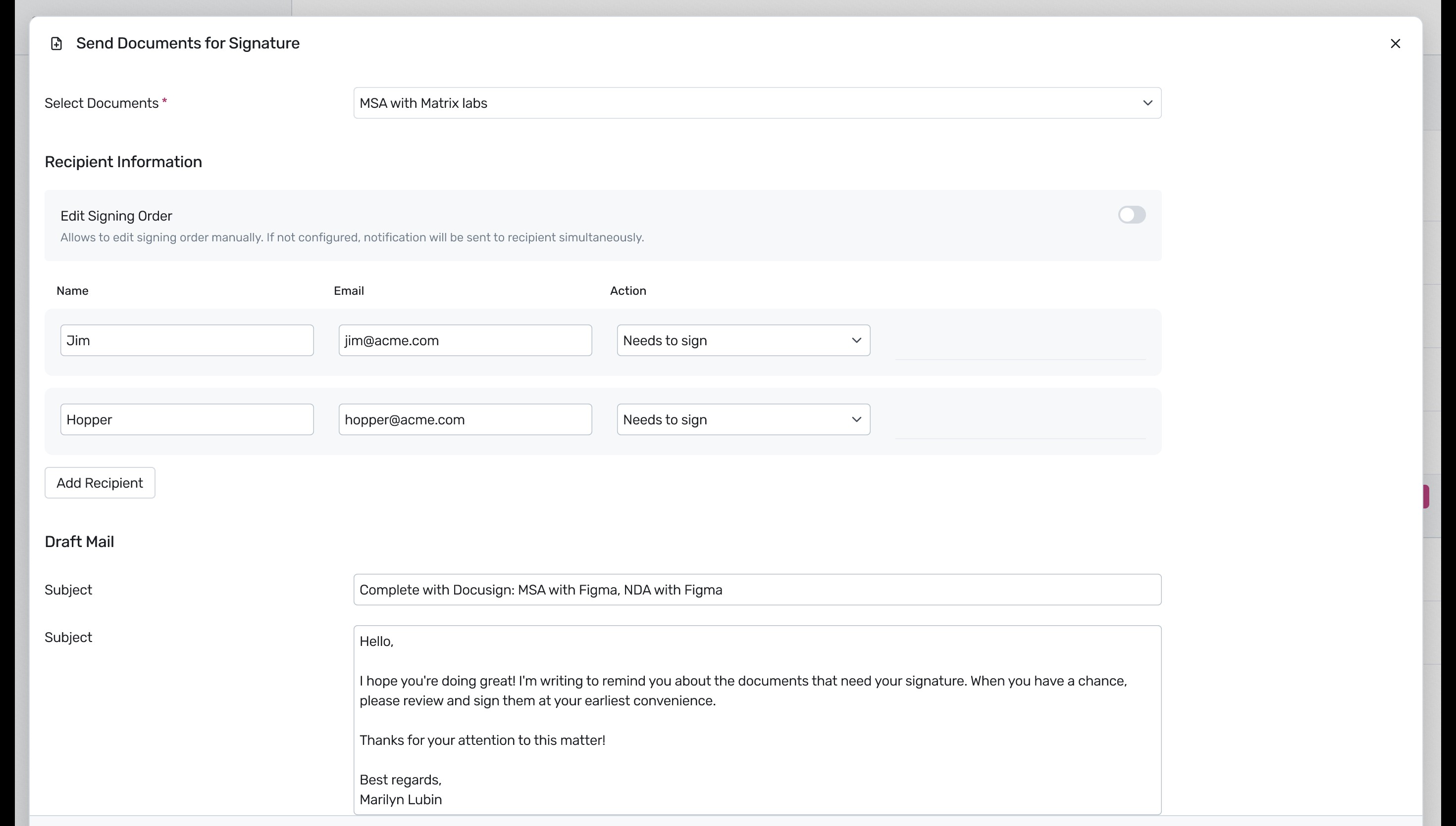 Document dispatch modal with recipient details