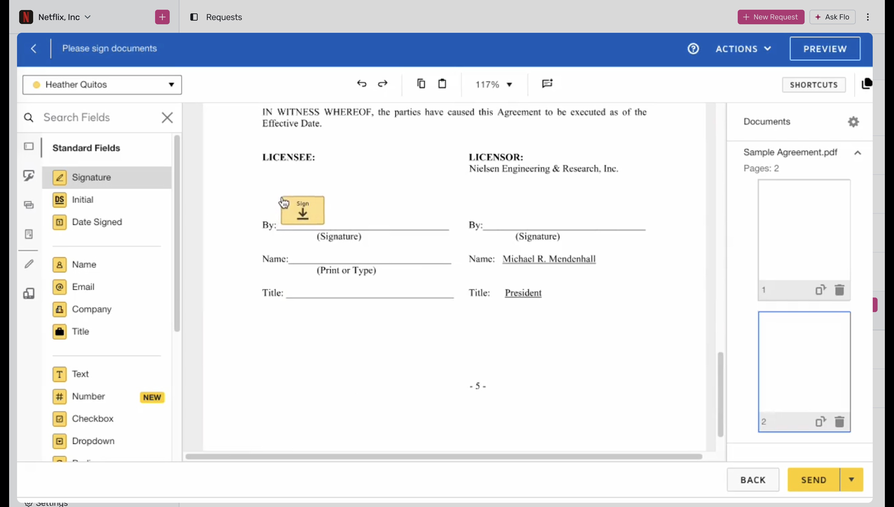 DocuSign editor with signature field placement