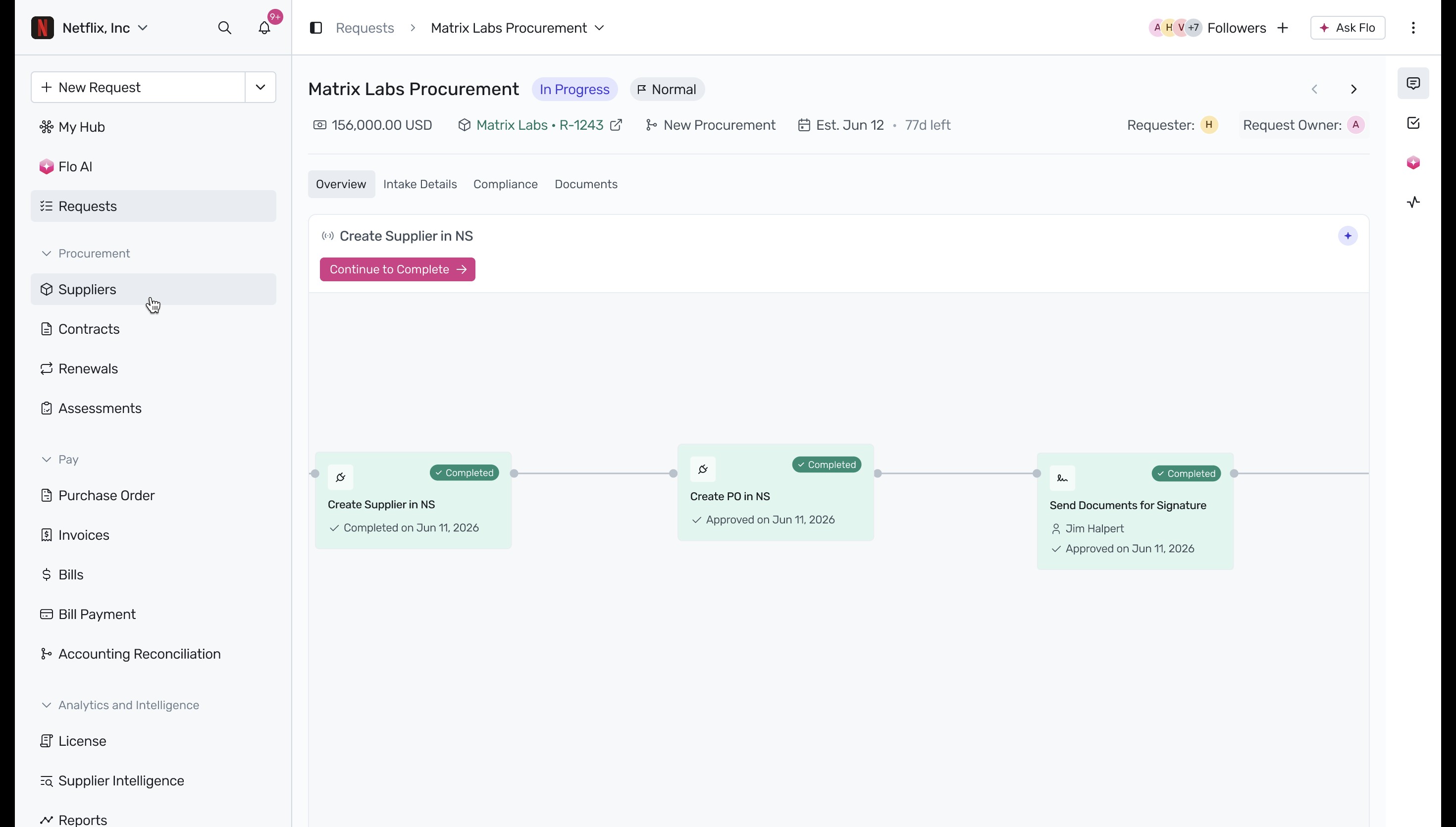 Completed workflow status and Suppliers navigation