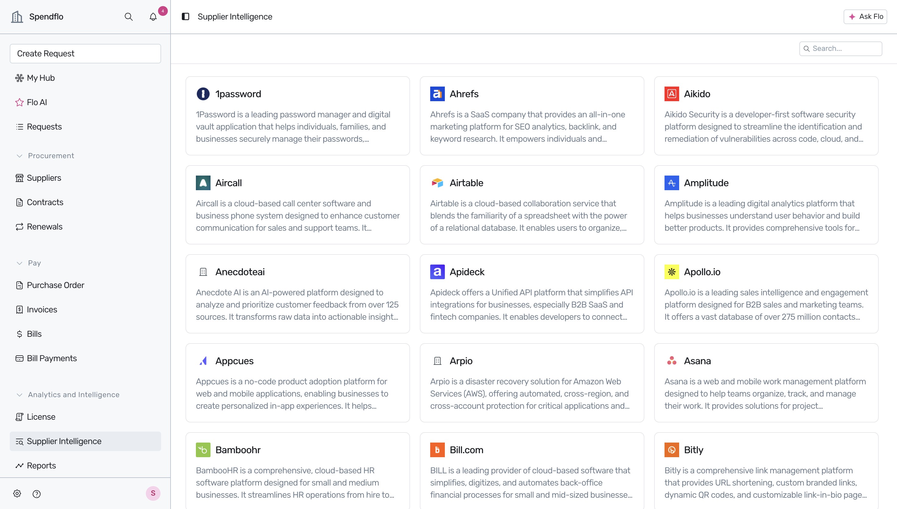 Supplier Intelligence directory displaying vendor cards