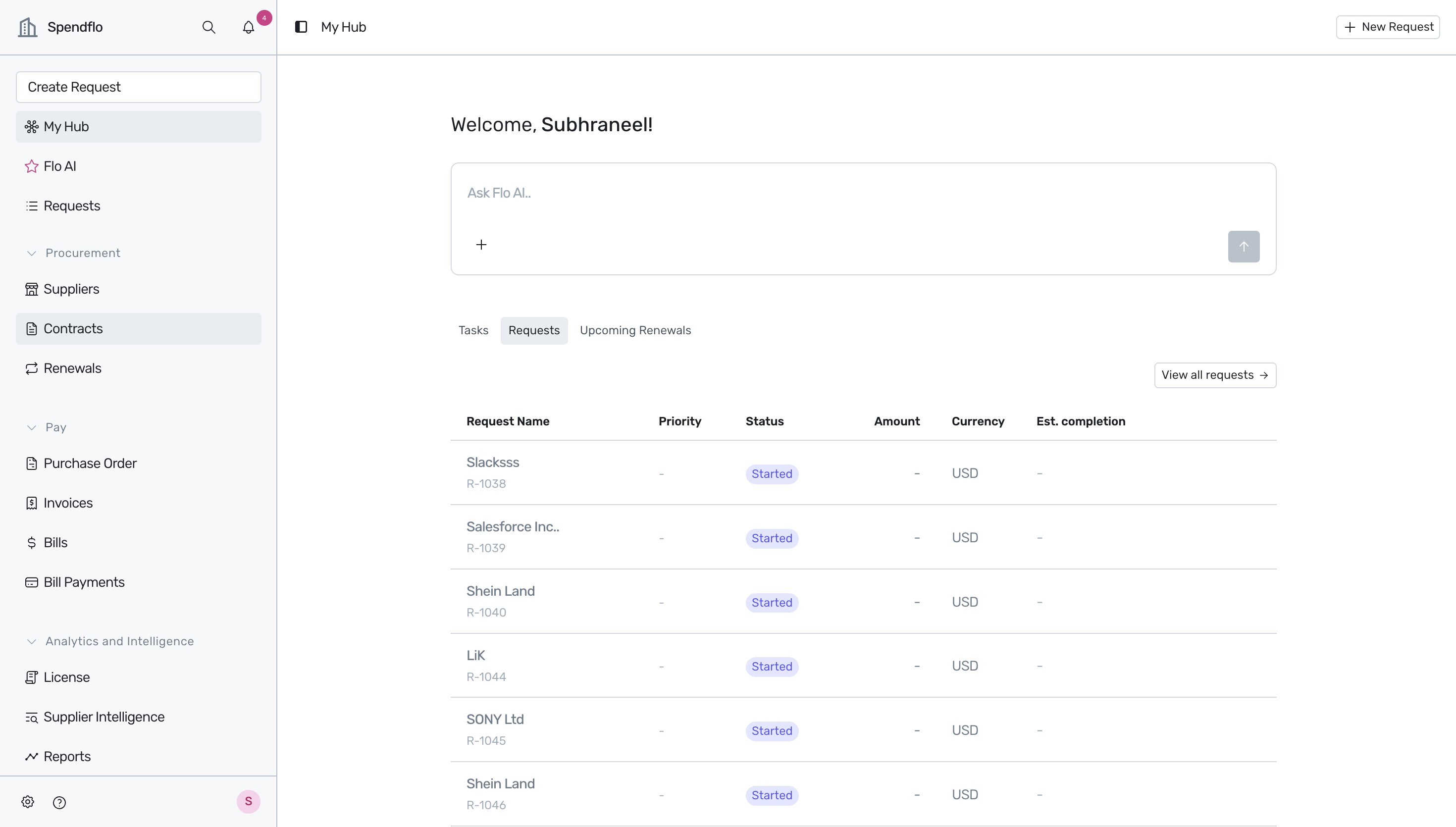 Spendflo dashboard sidebar showing the Contracts option