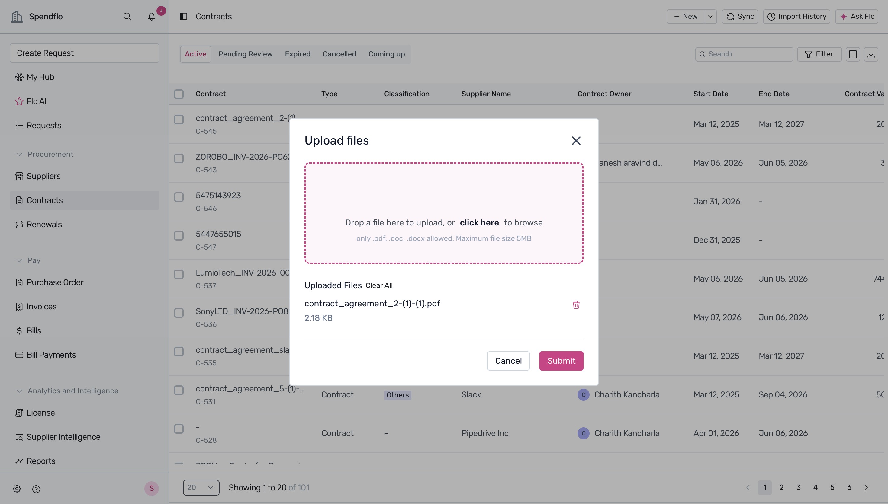 Upload files modal with file selected and submit button