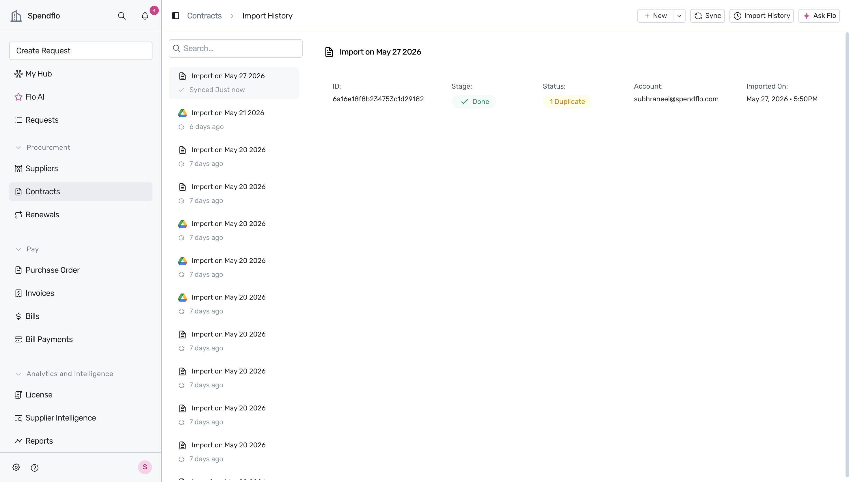 Import History page displaying the upload stage and status