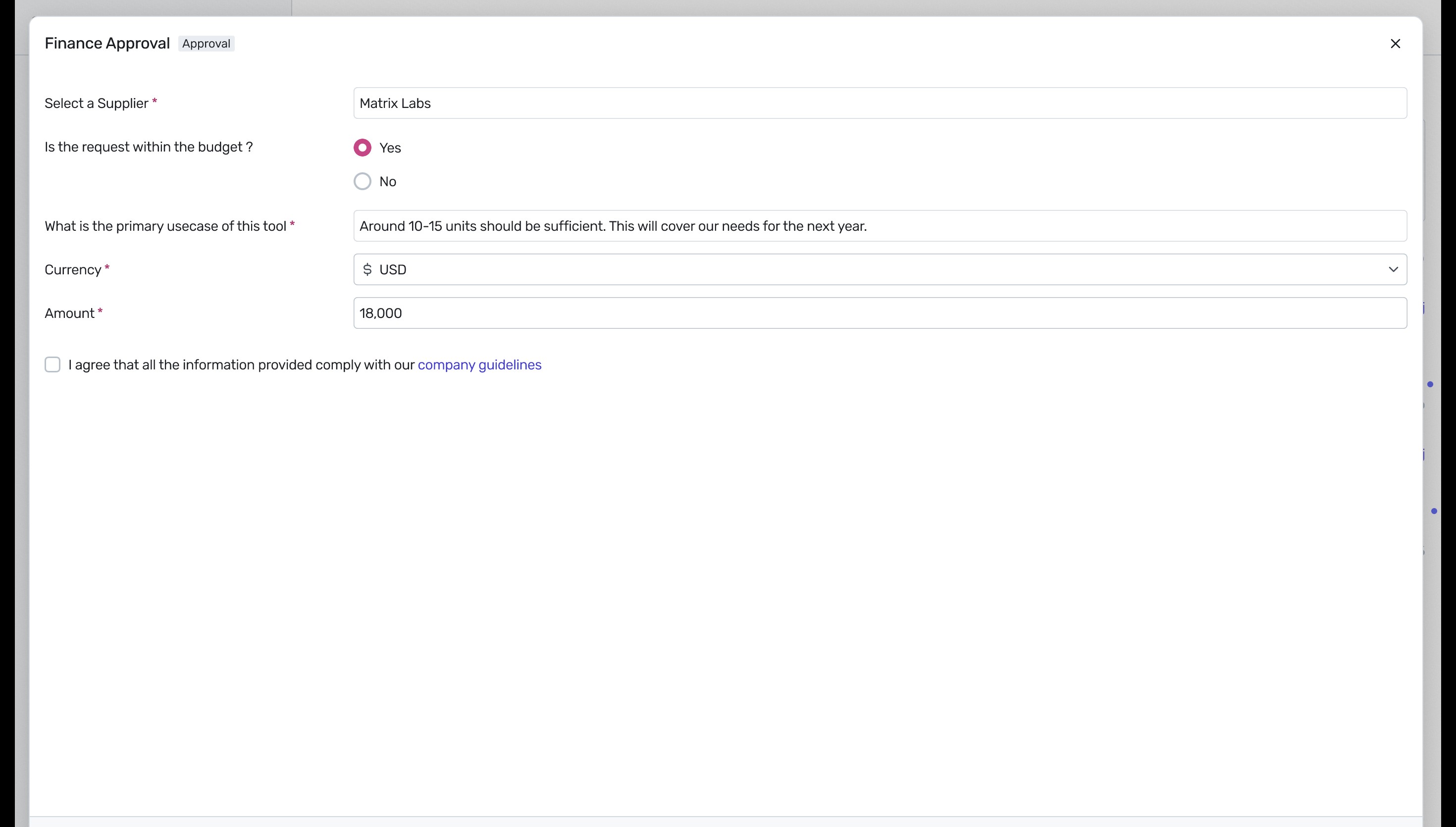 Finance Approval modal form fields