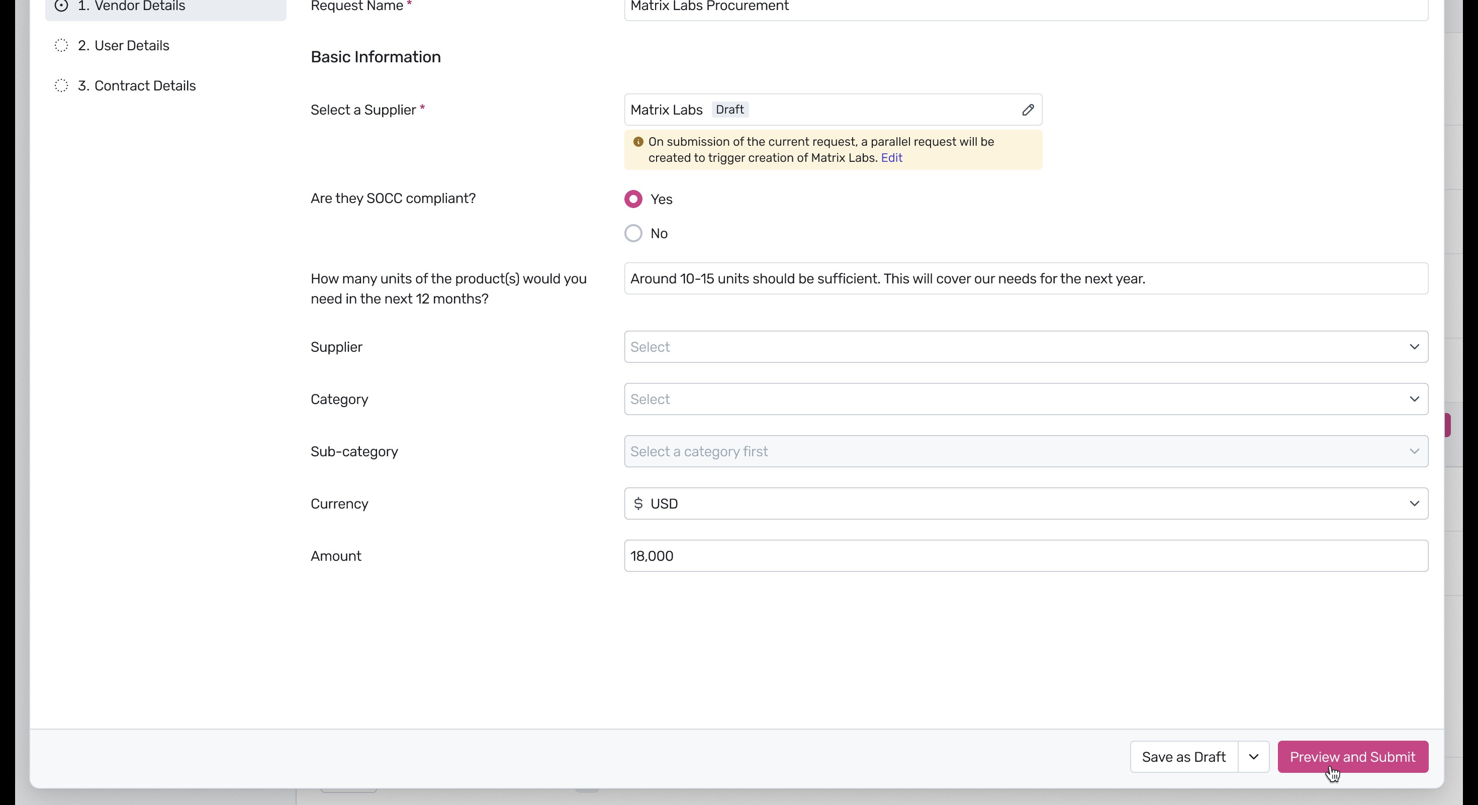 Procurement request creation form with Preview and Submit button