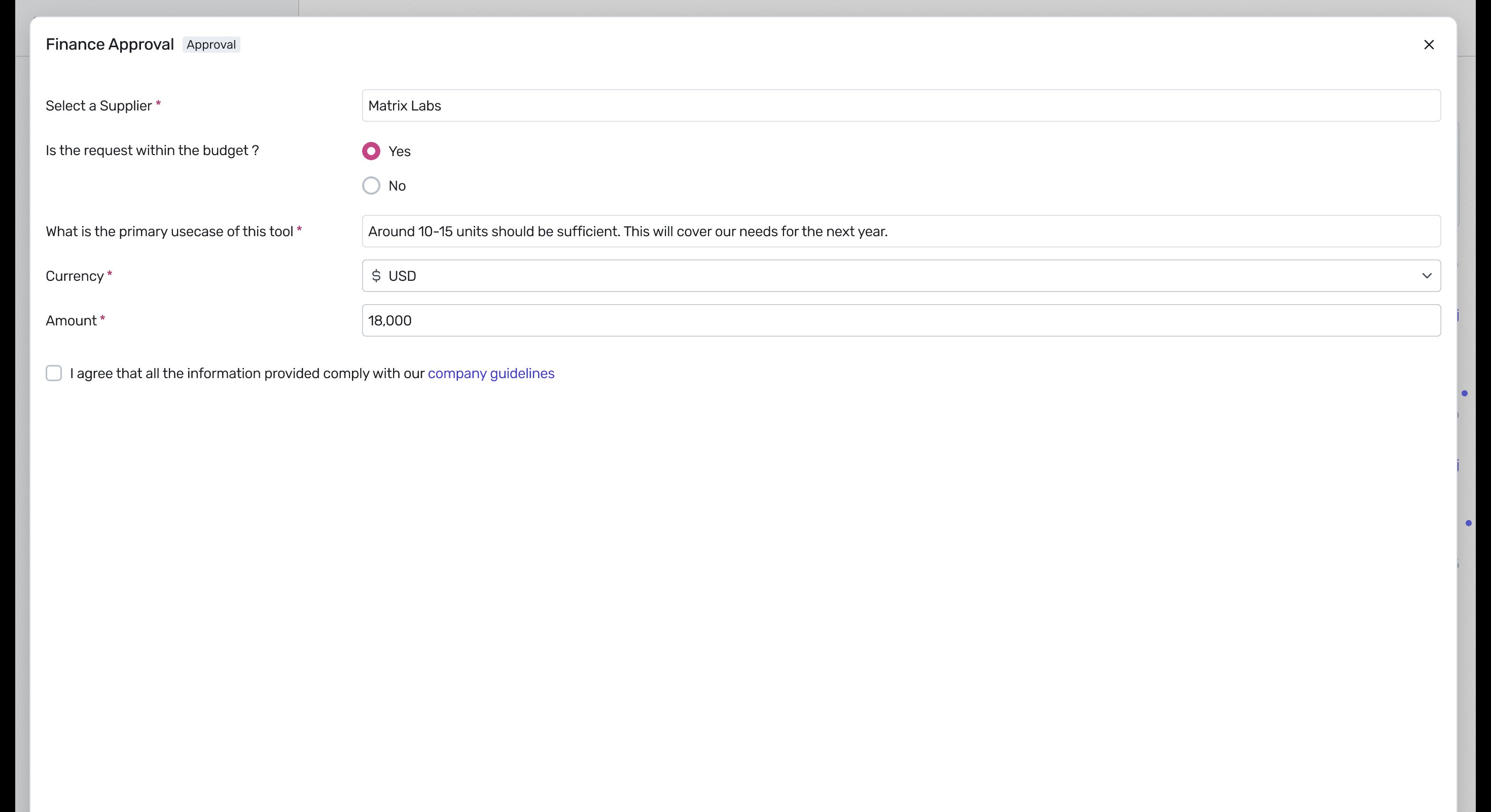Finance Approval details modal with compliance checkbox