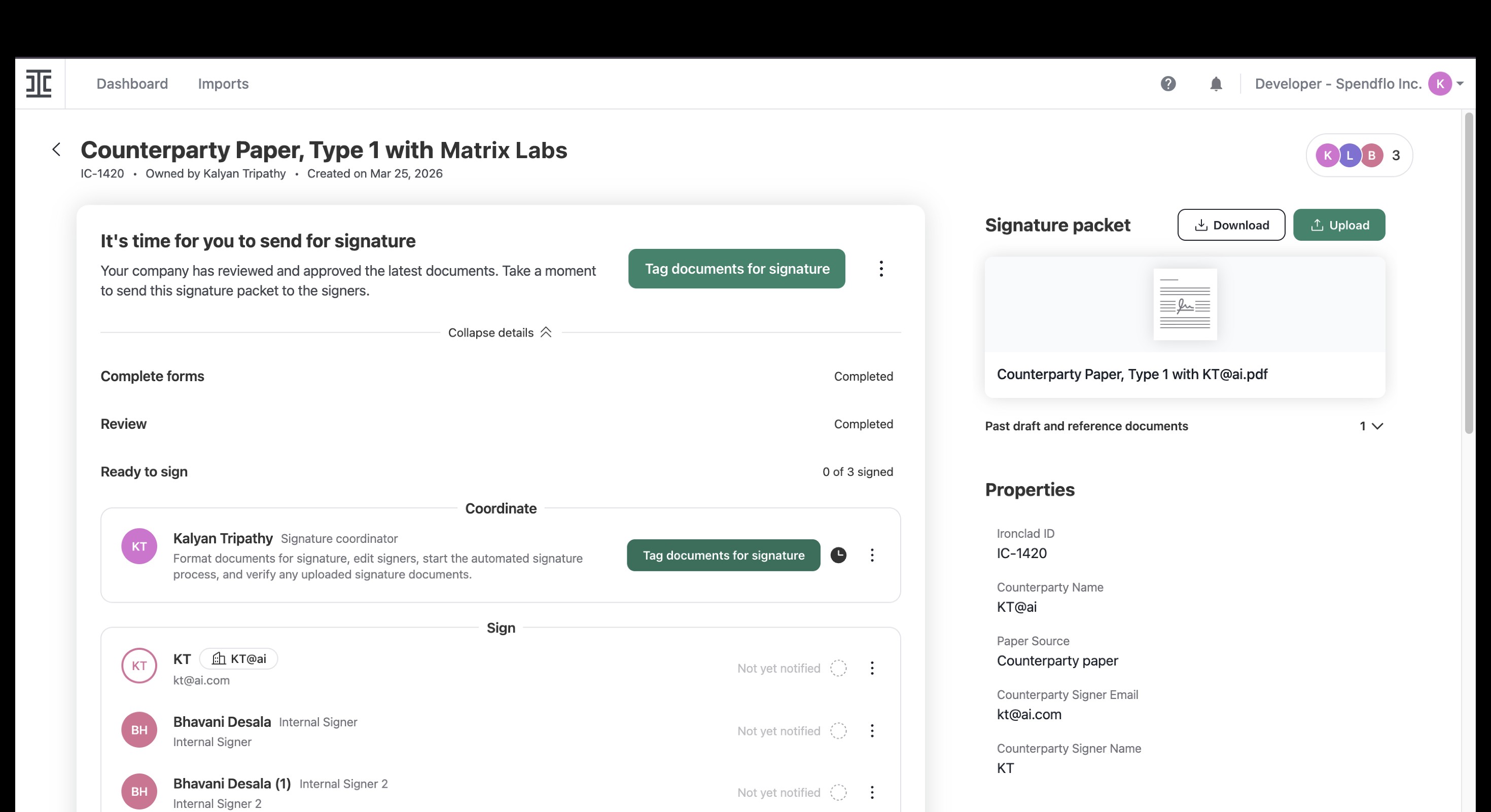 Ironclad contract details page with Tag documents option