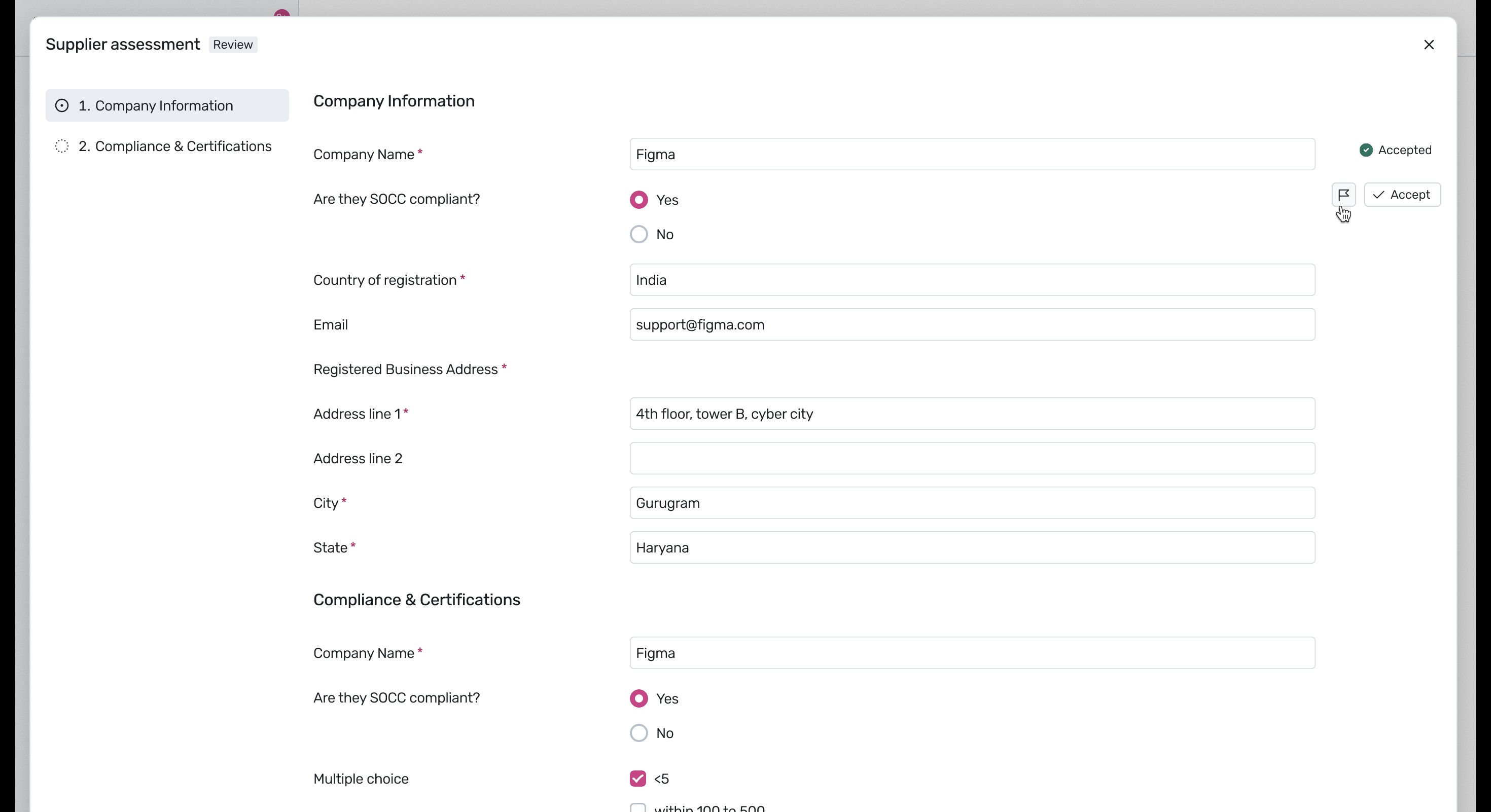 Supplier Assessment modal showing response fields