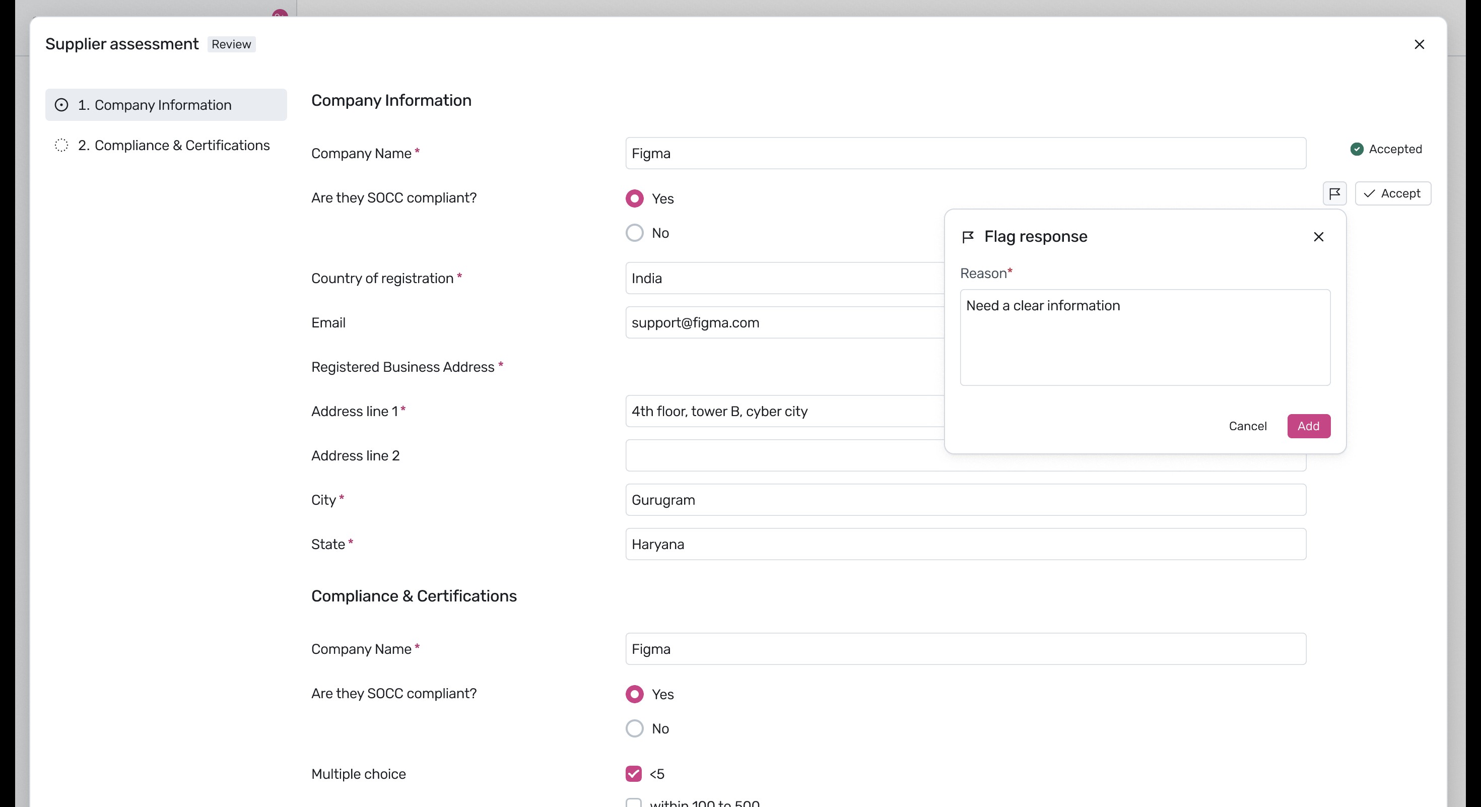 Flag response modal with text input field