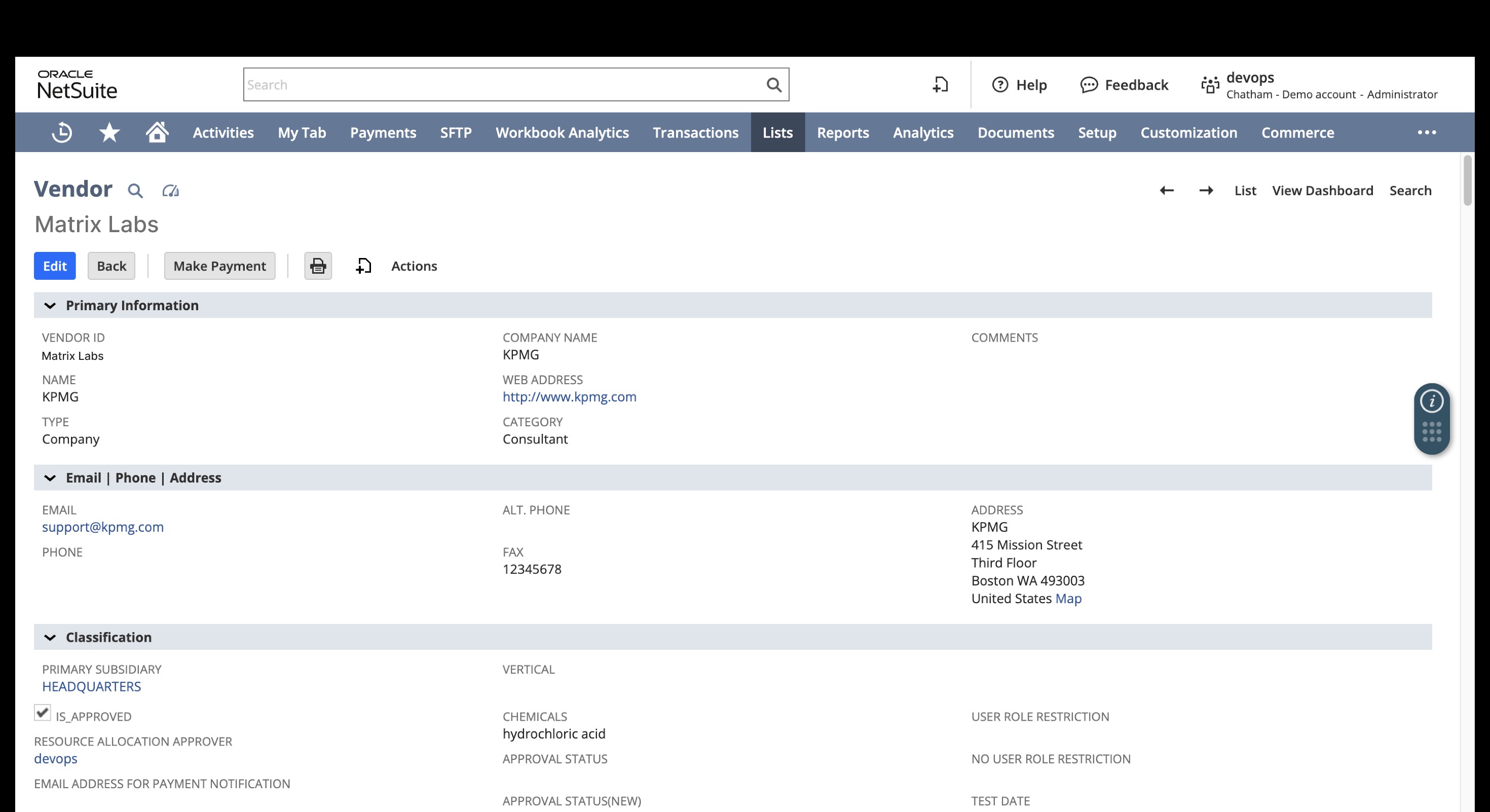 NetSuite vendor record details page