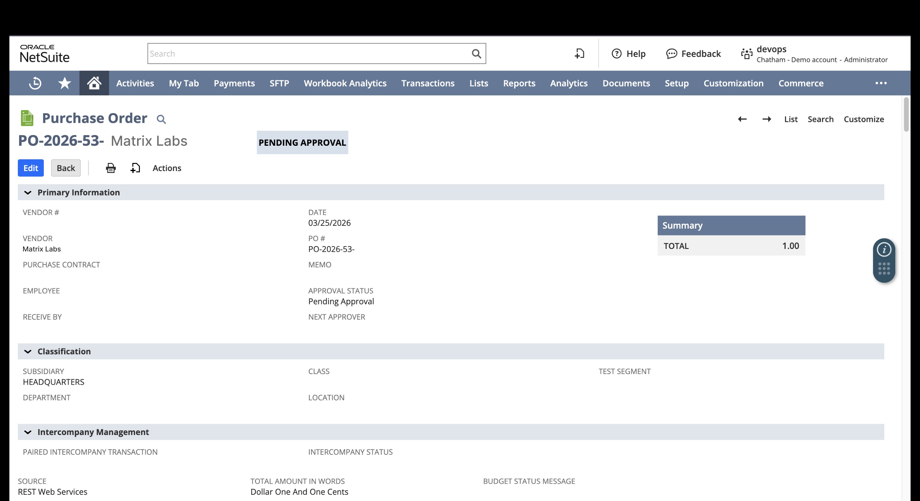 NetSuite Purchase Order showing Pending Approval status