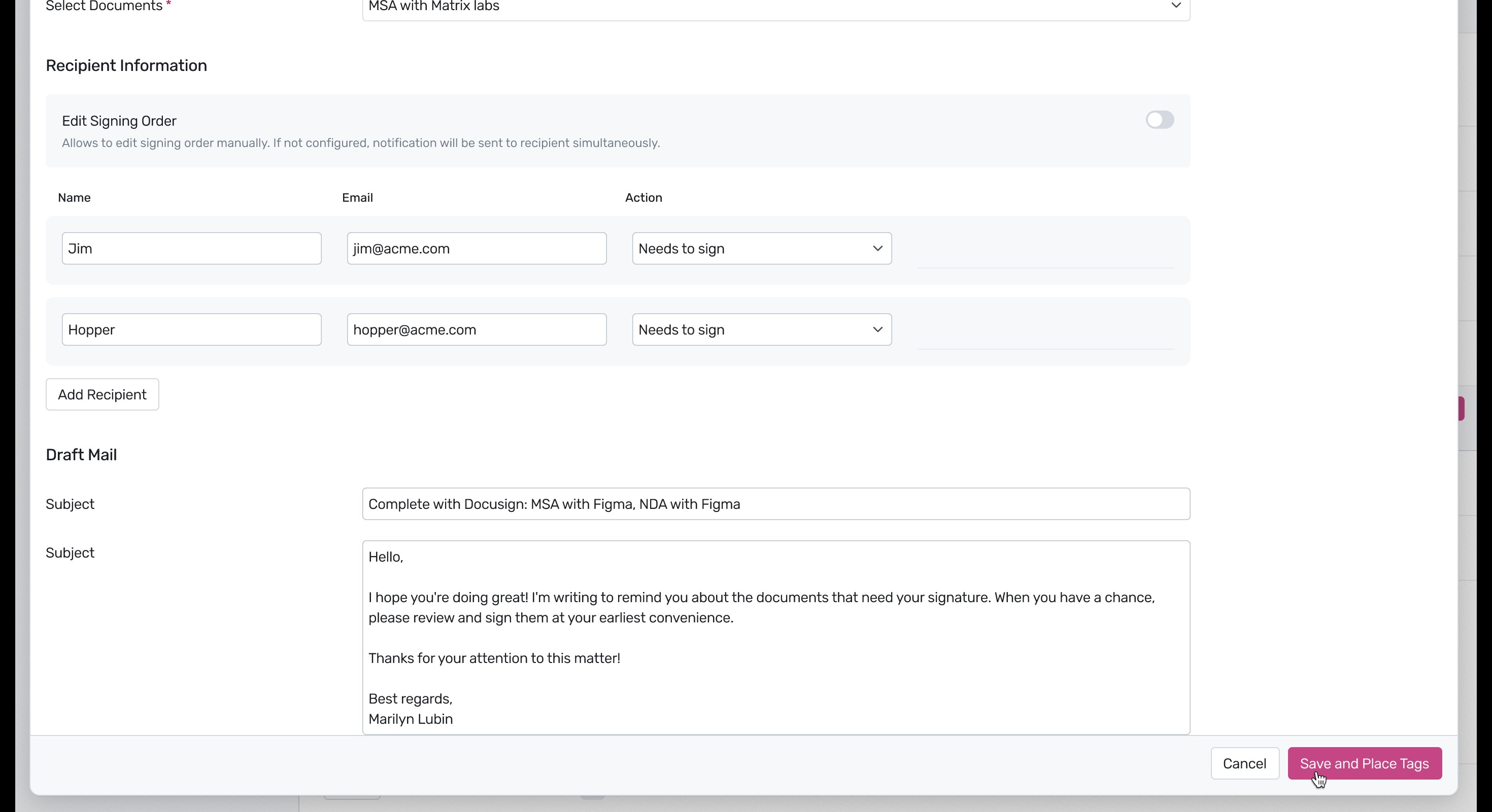 DocuSign setup modal with recipient details