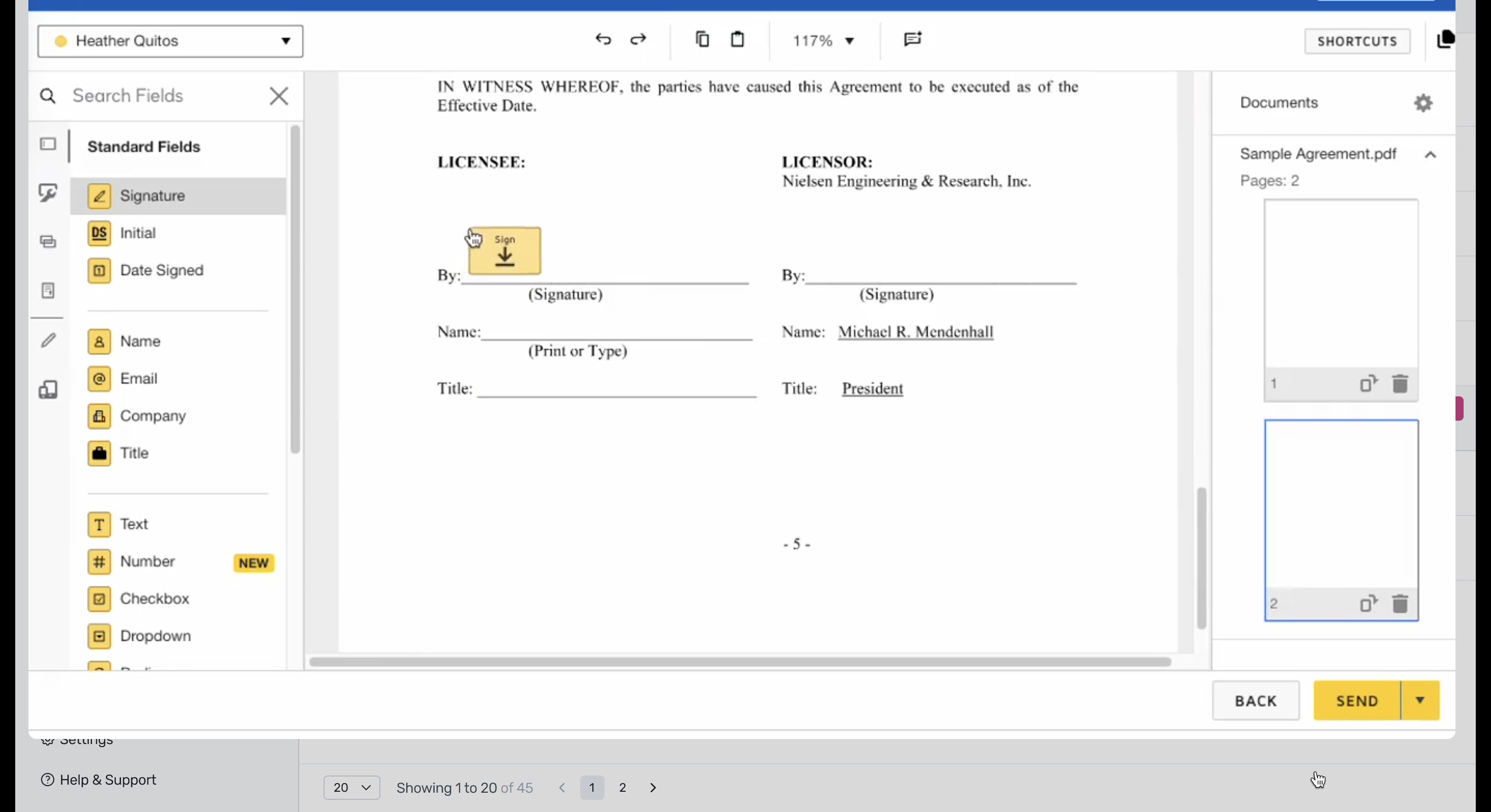 DocuSign document editor with signature tags