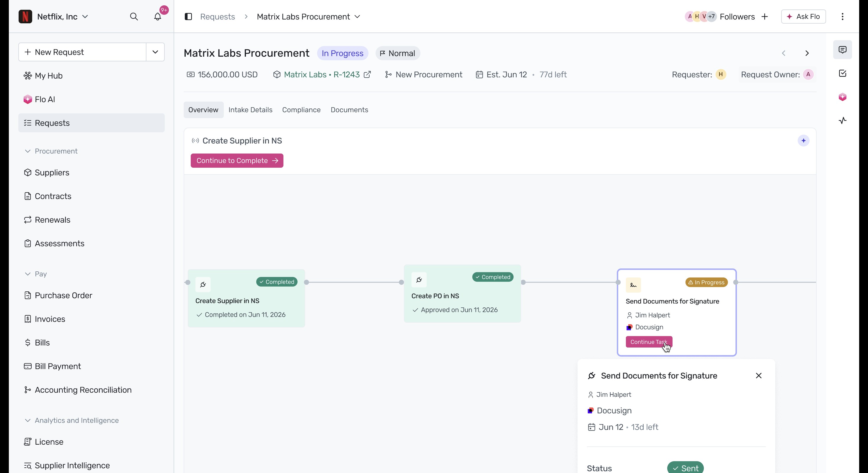 Task status showing Sent with Continue Task button
