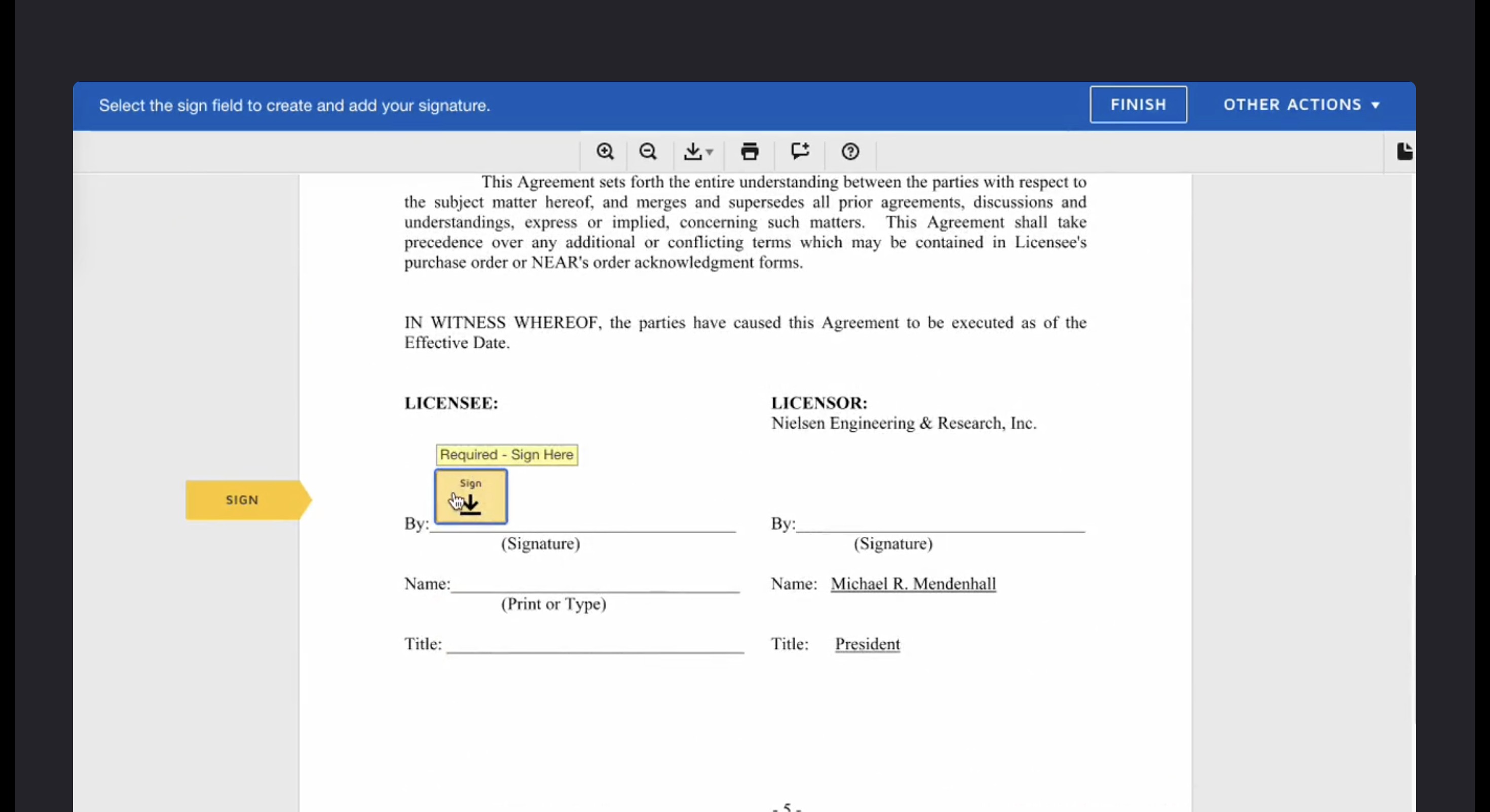 DocuSign document with Sign tag highlighted