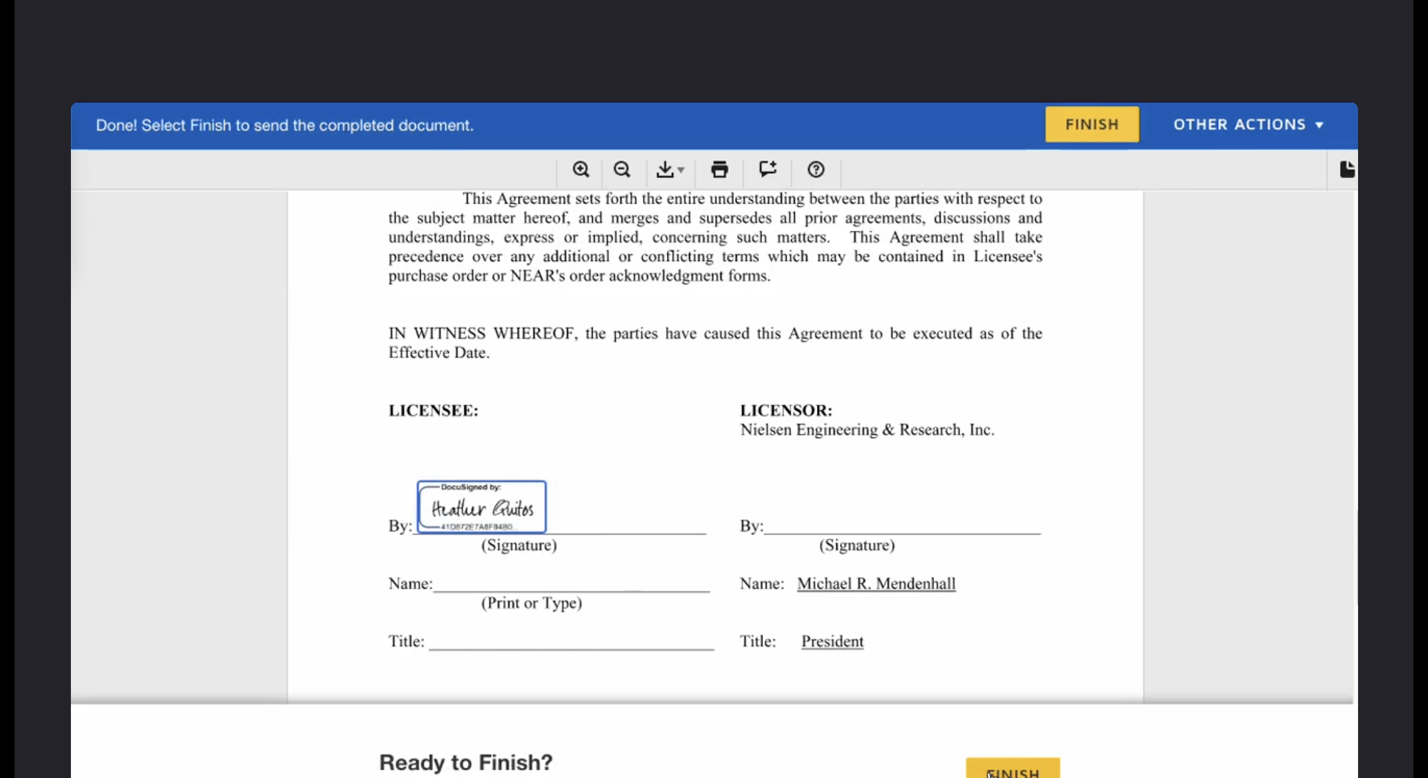 DocuSign Finish button to complete signing