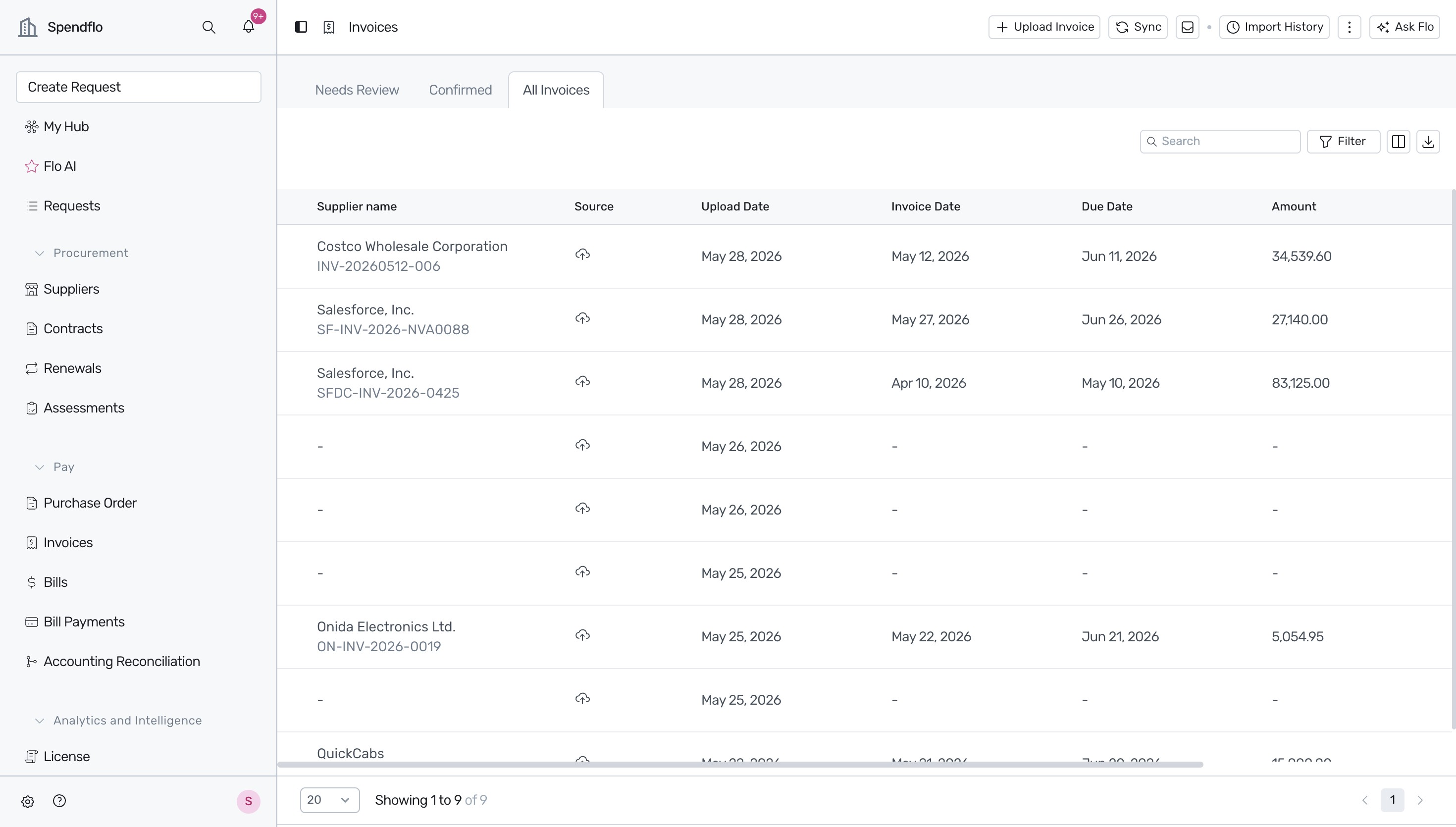 Invoices dashboard showing all uploaded invoices