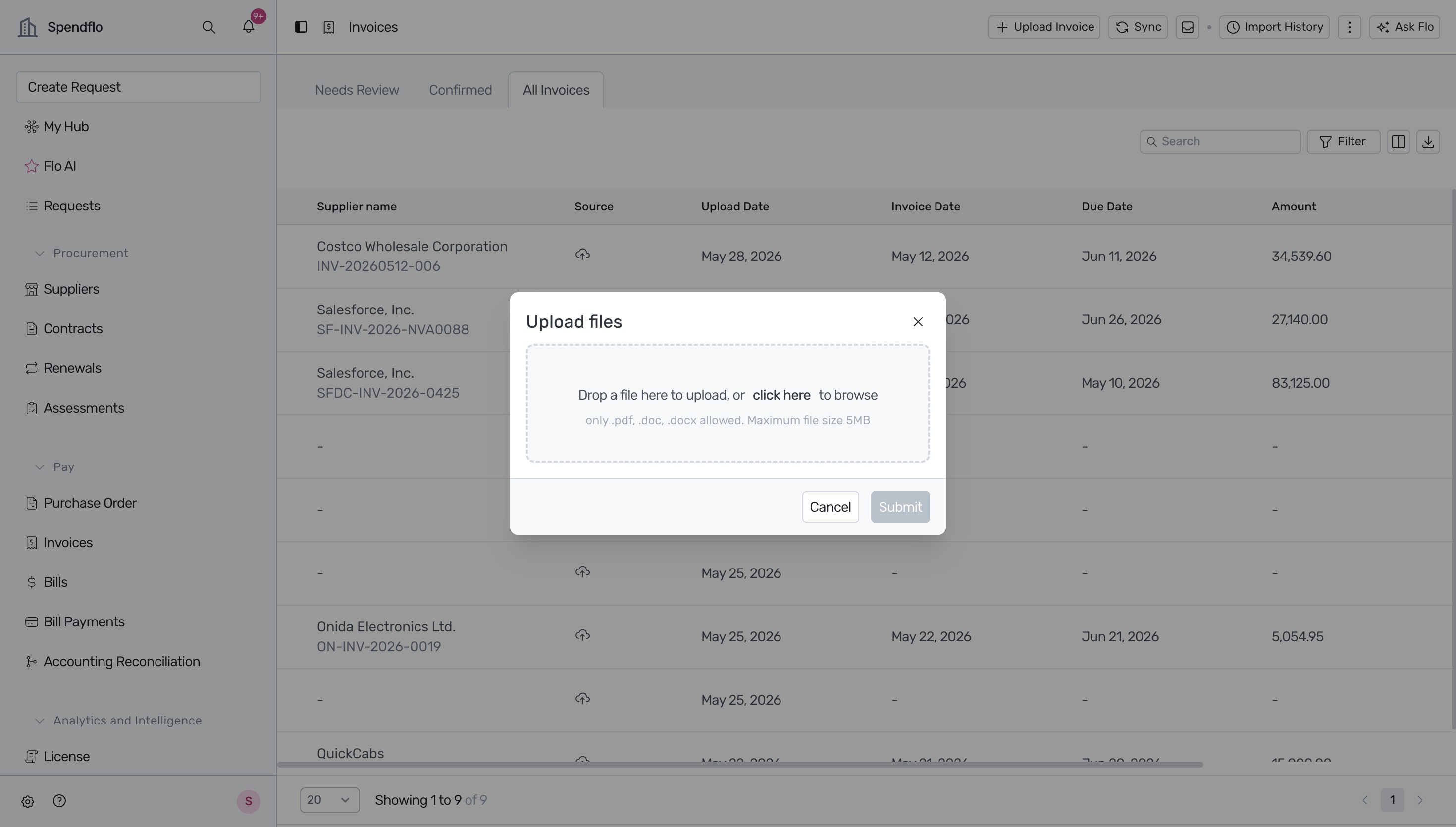 Upload Invoice button in the top right corner