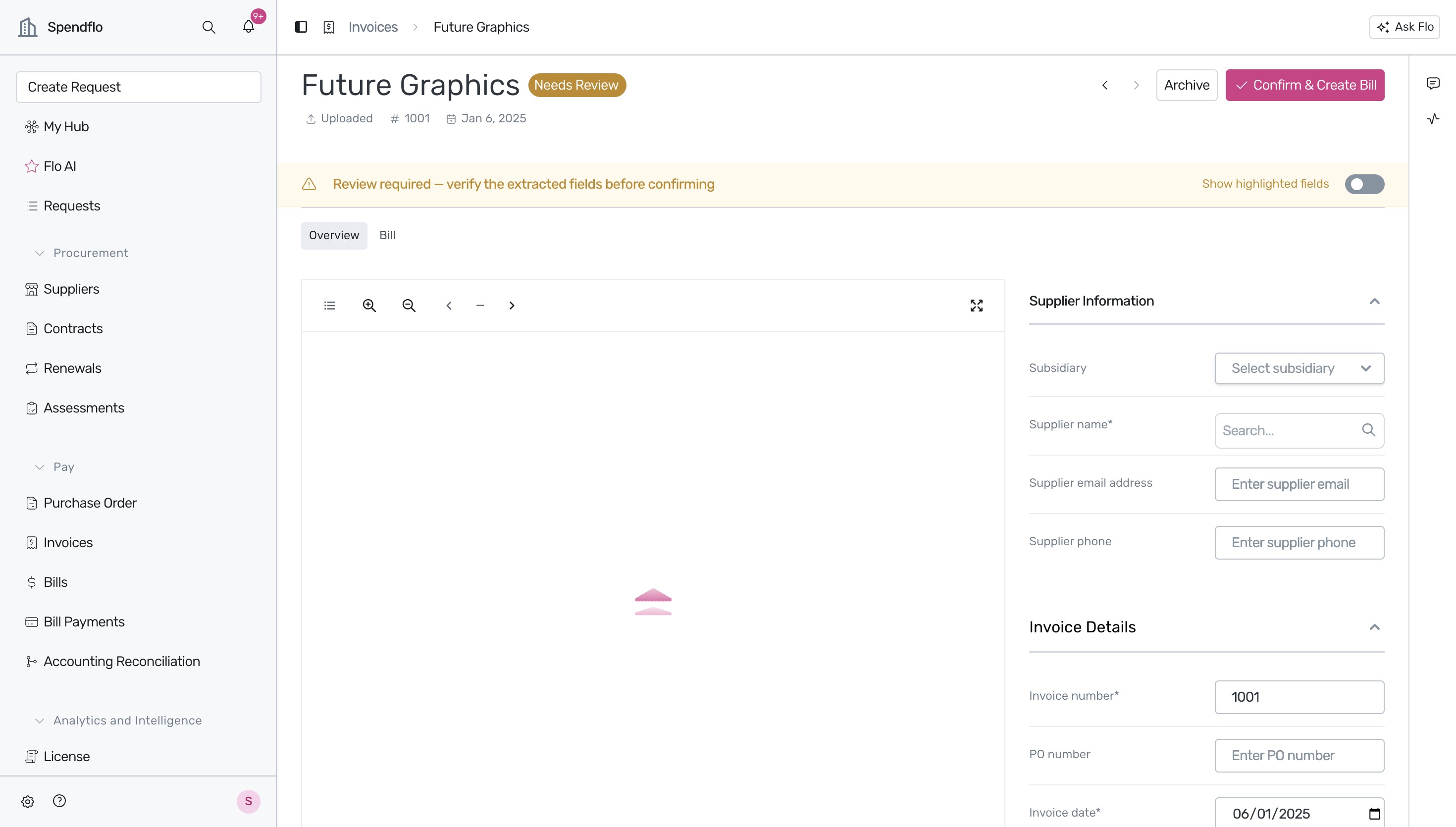 Invoice Detail page with Needs Review status