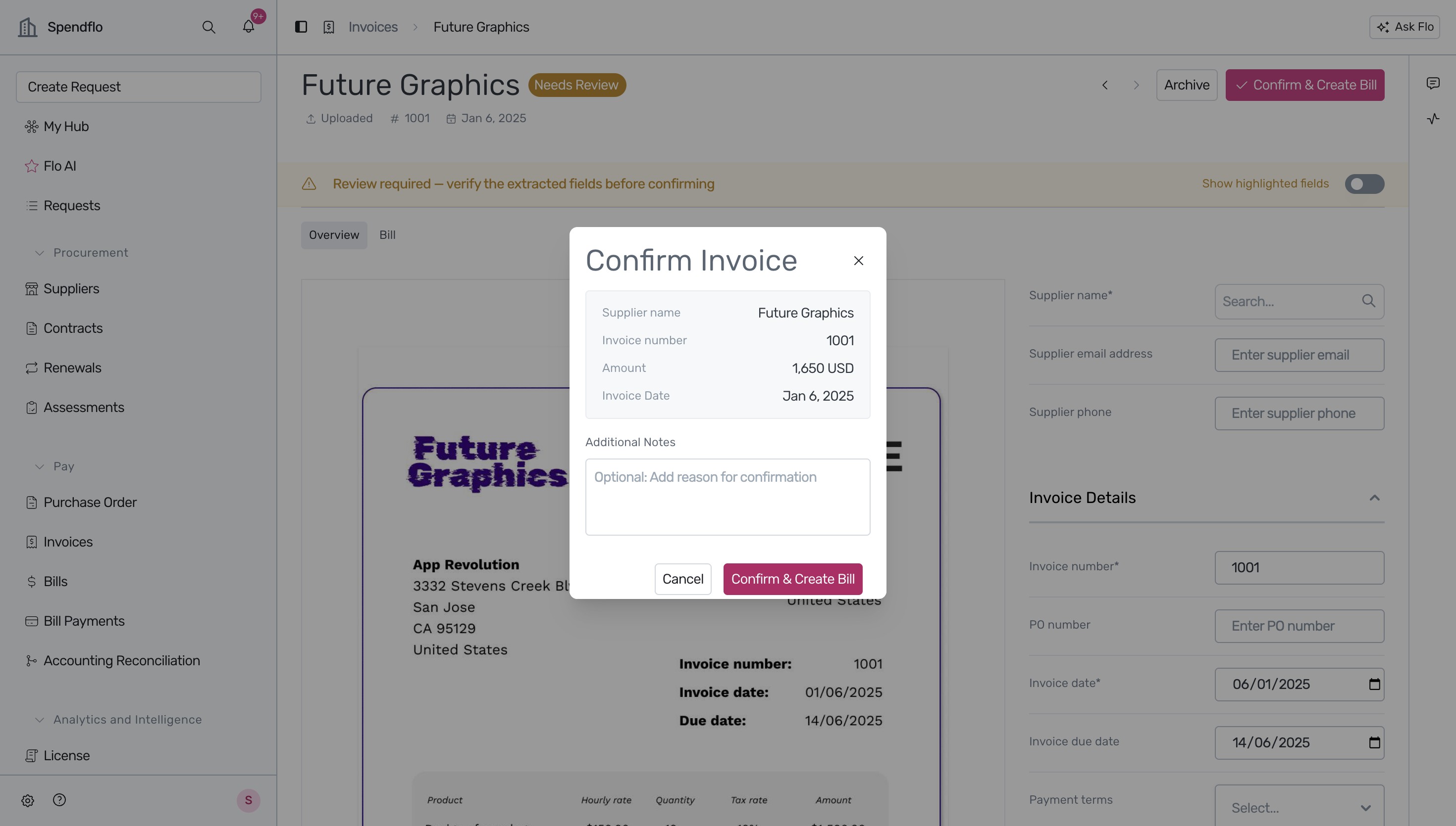 Confirm and Create Bill button