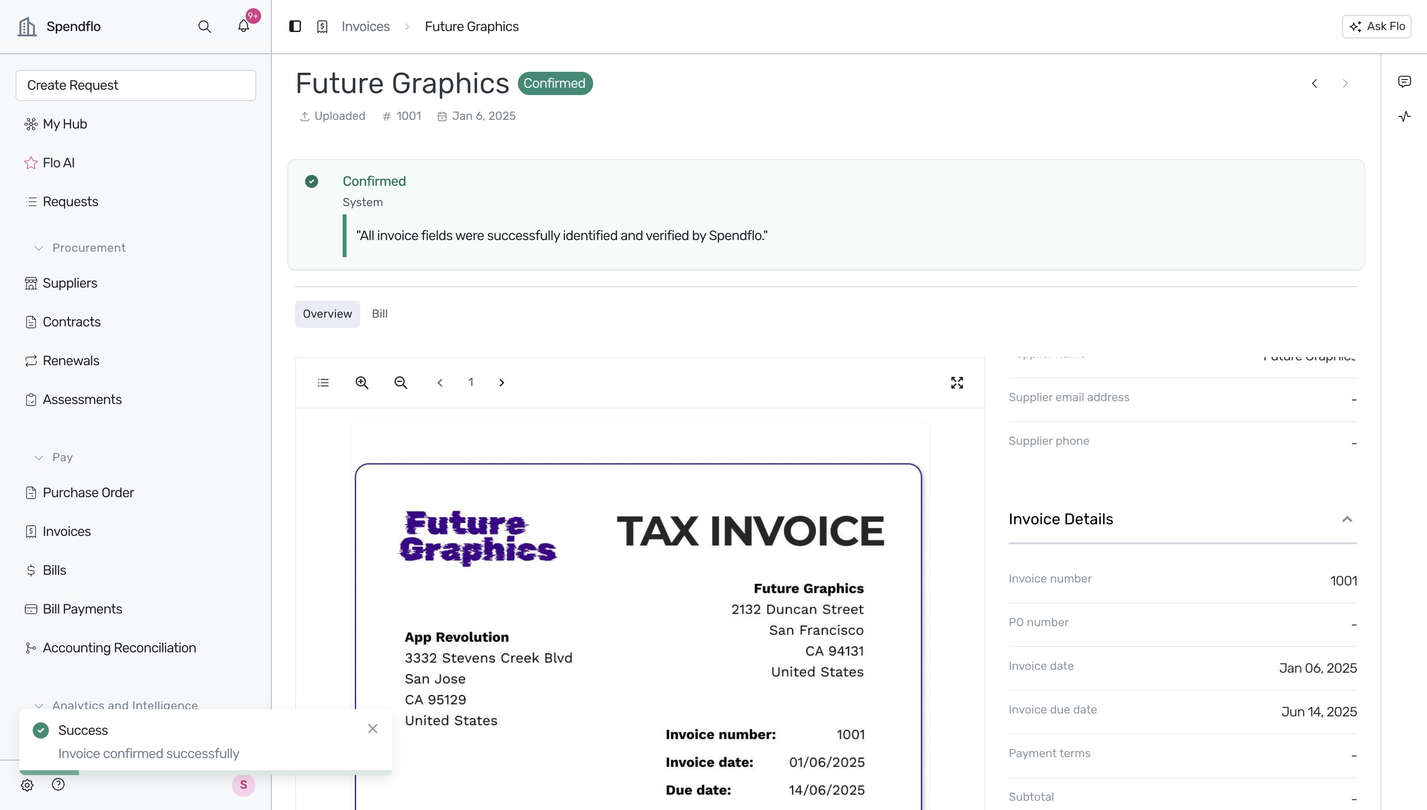 Confirm Invoice dialog showing final details