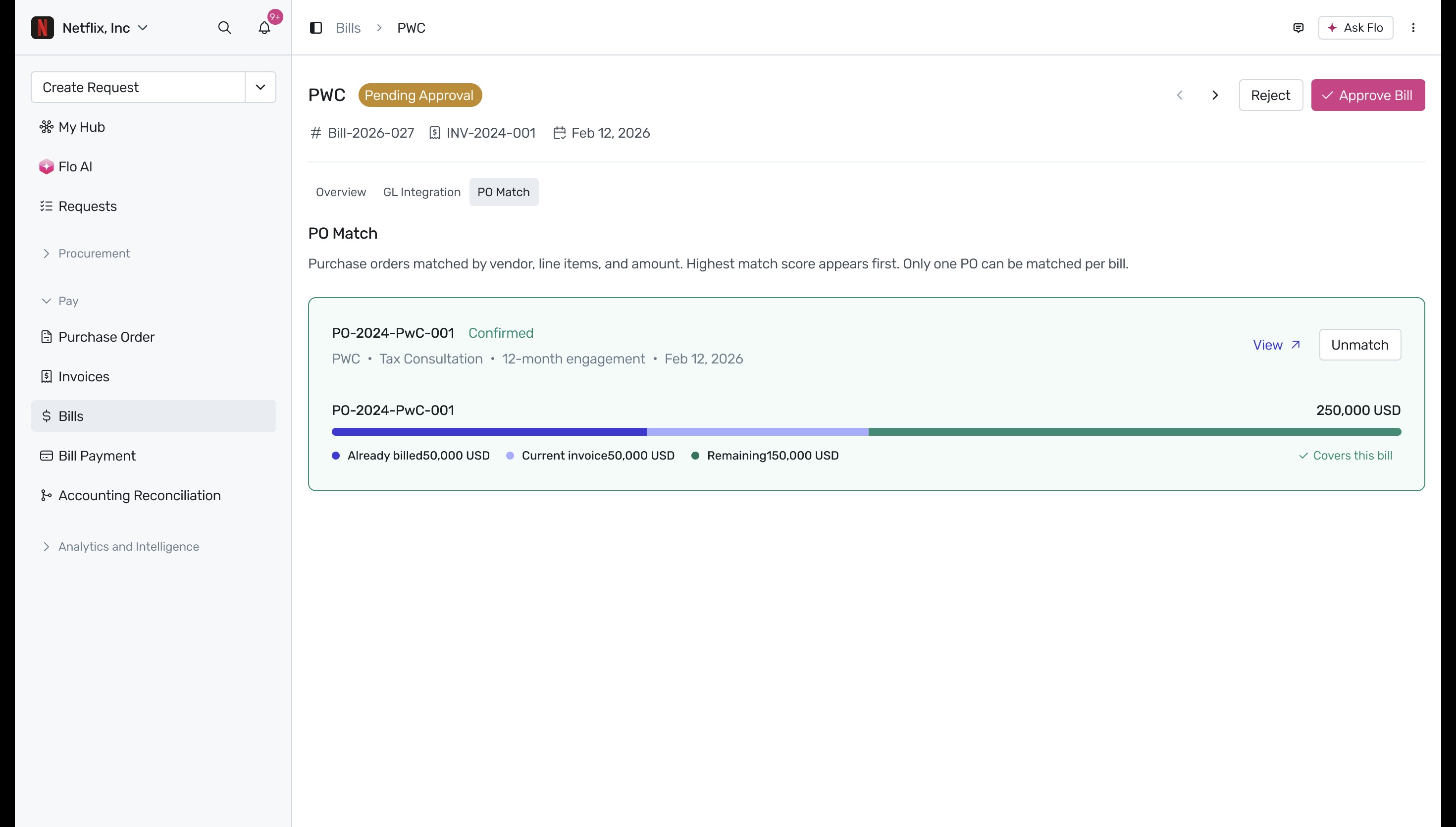PO Match tab displaying matched purchase order details