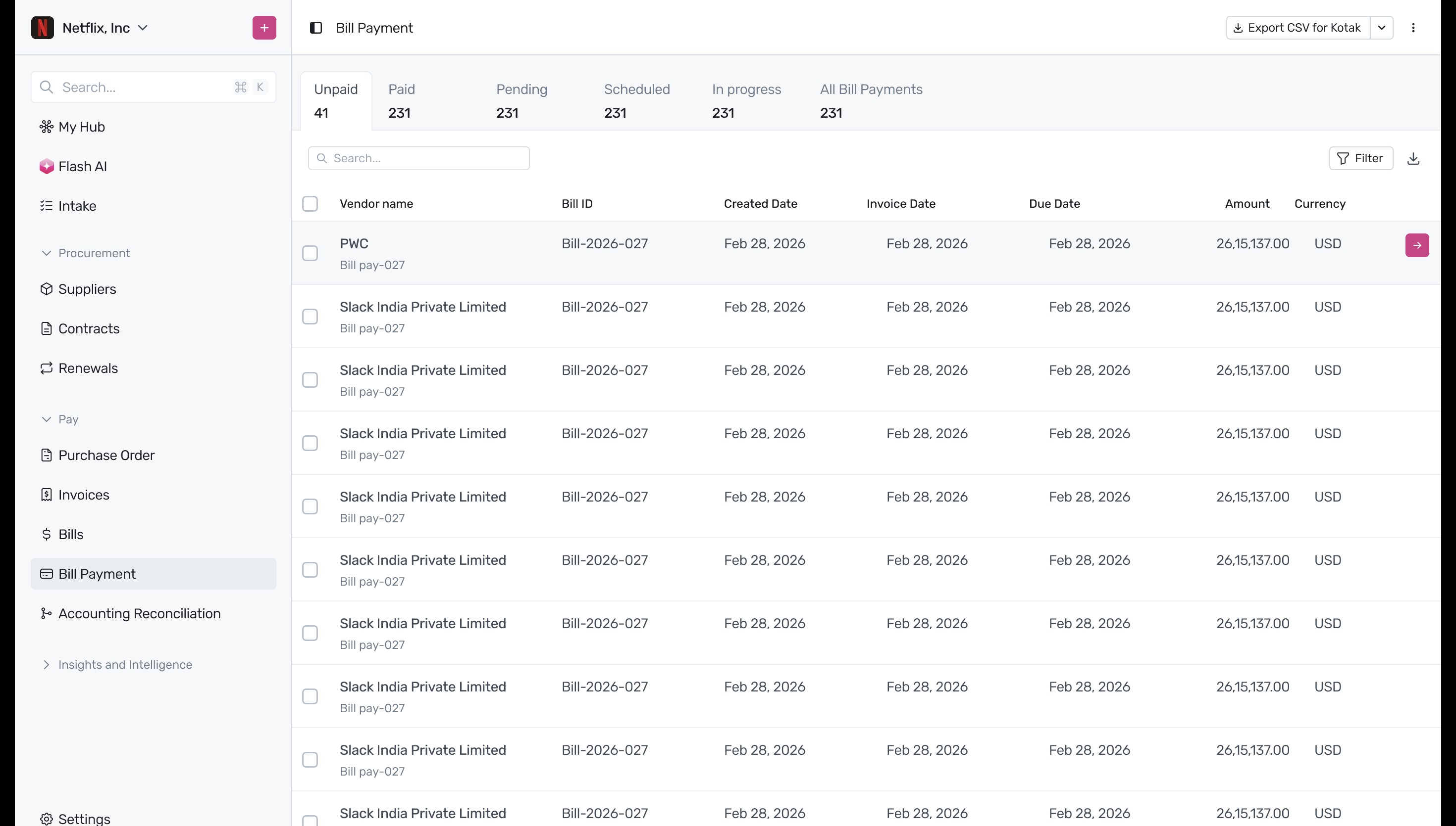 Unpaid bill payments list with navigation arrow
