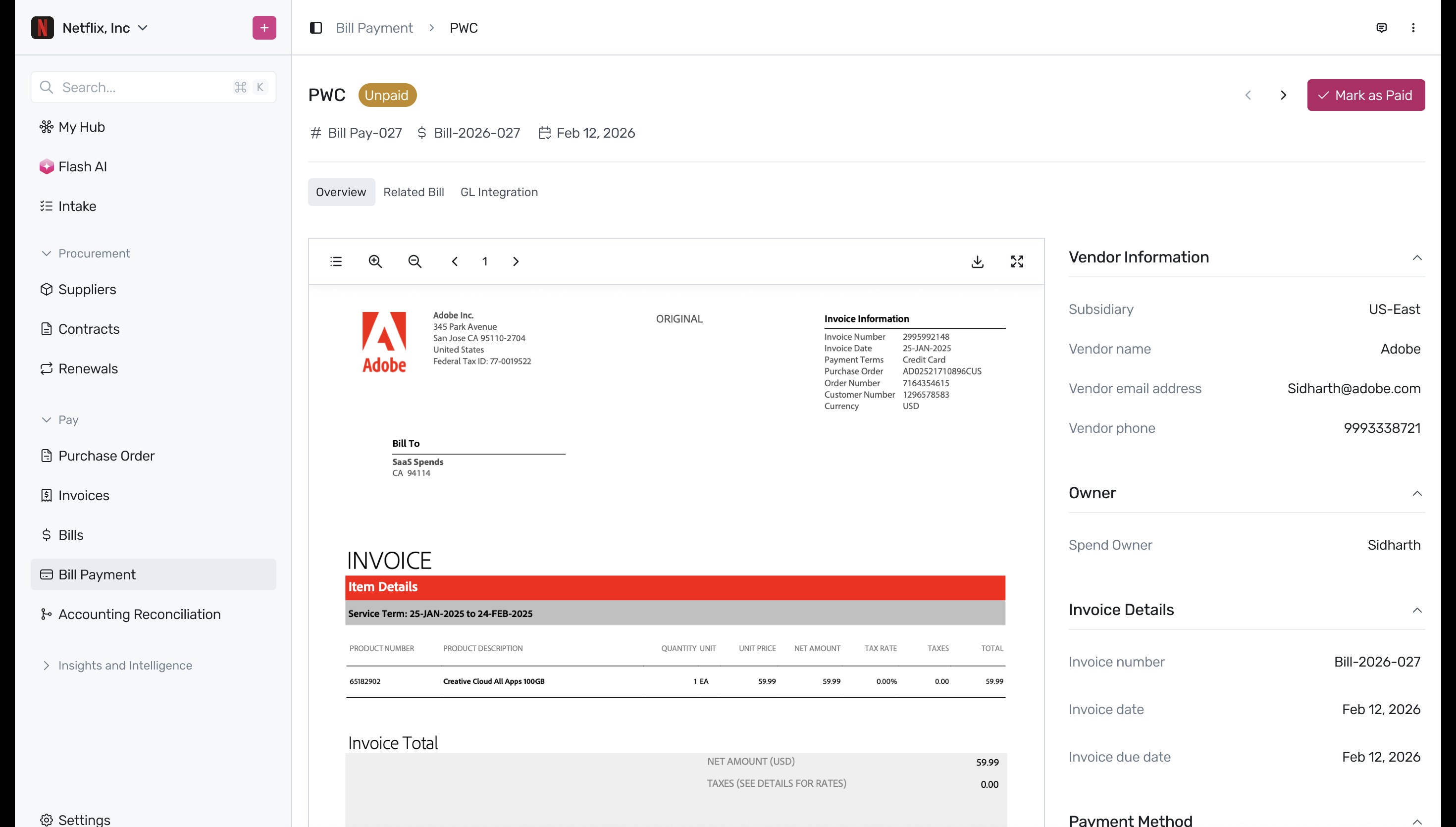 Bill payment details page with Mark as Paid button