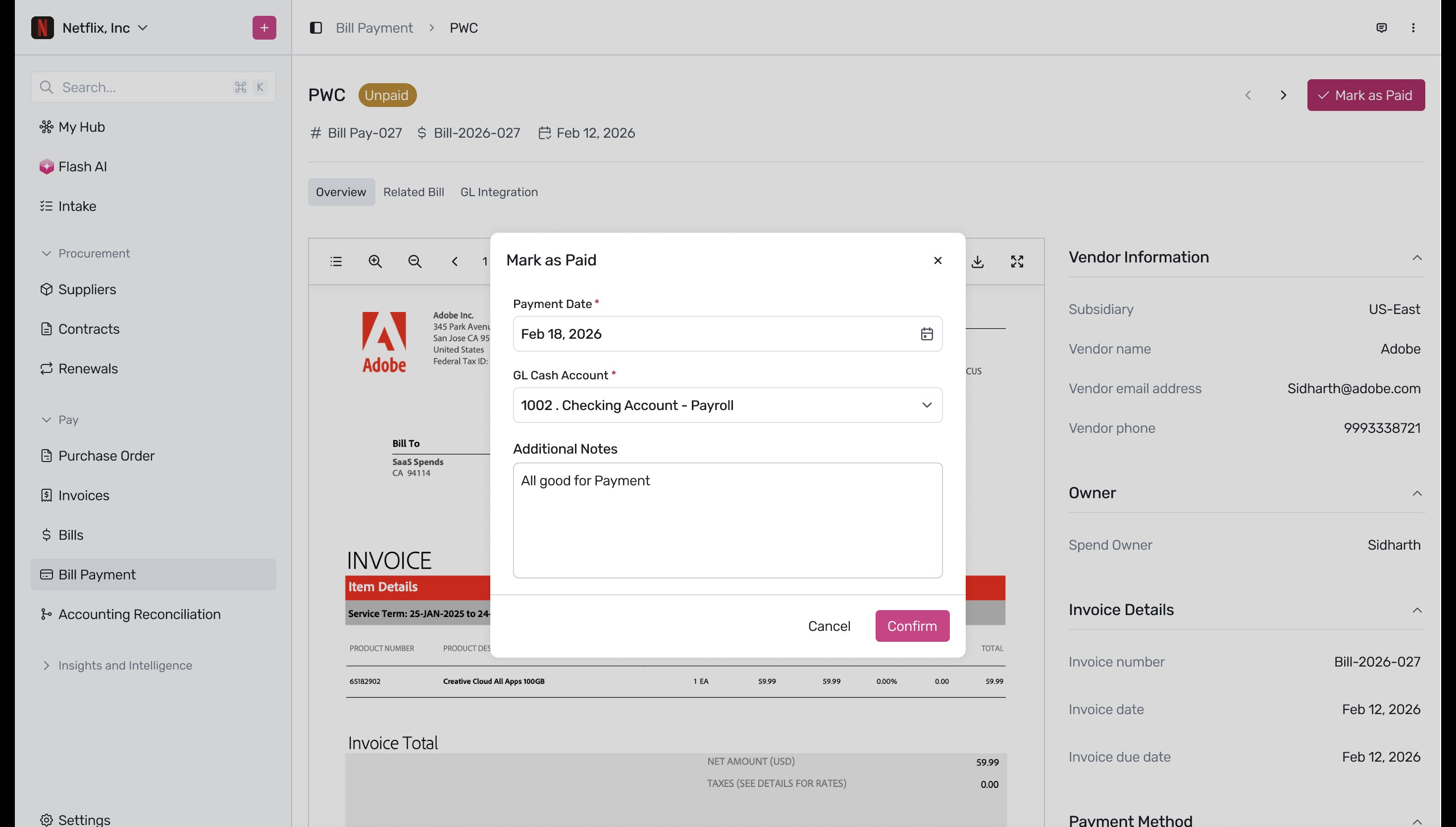 Mark as Paid modal with payment date and GL account fields