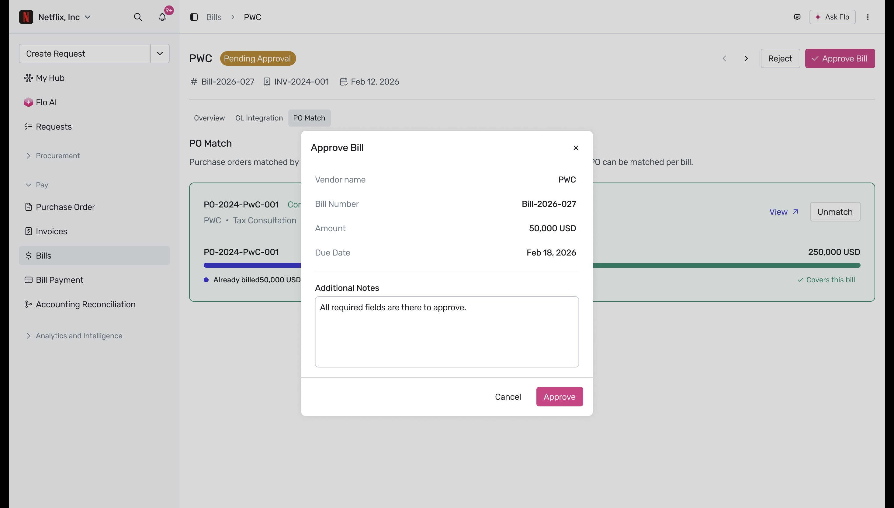 Approve bill modal with notes
