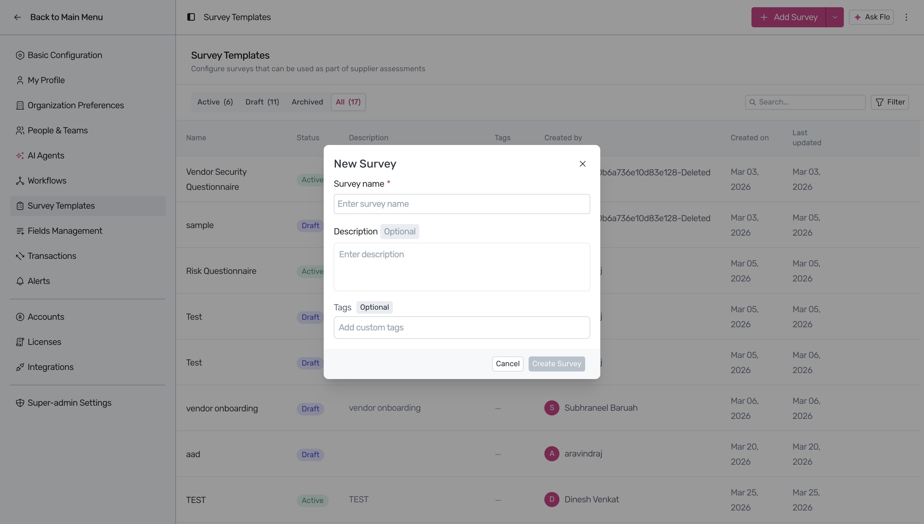 Add Survey button on templates page