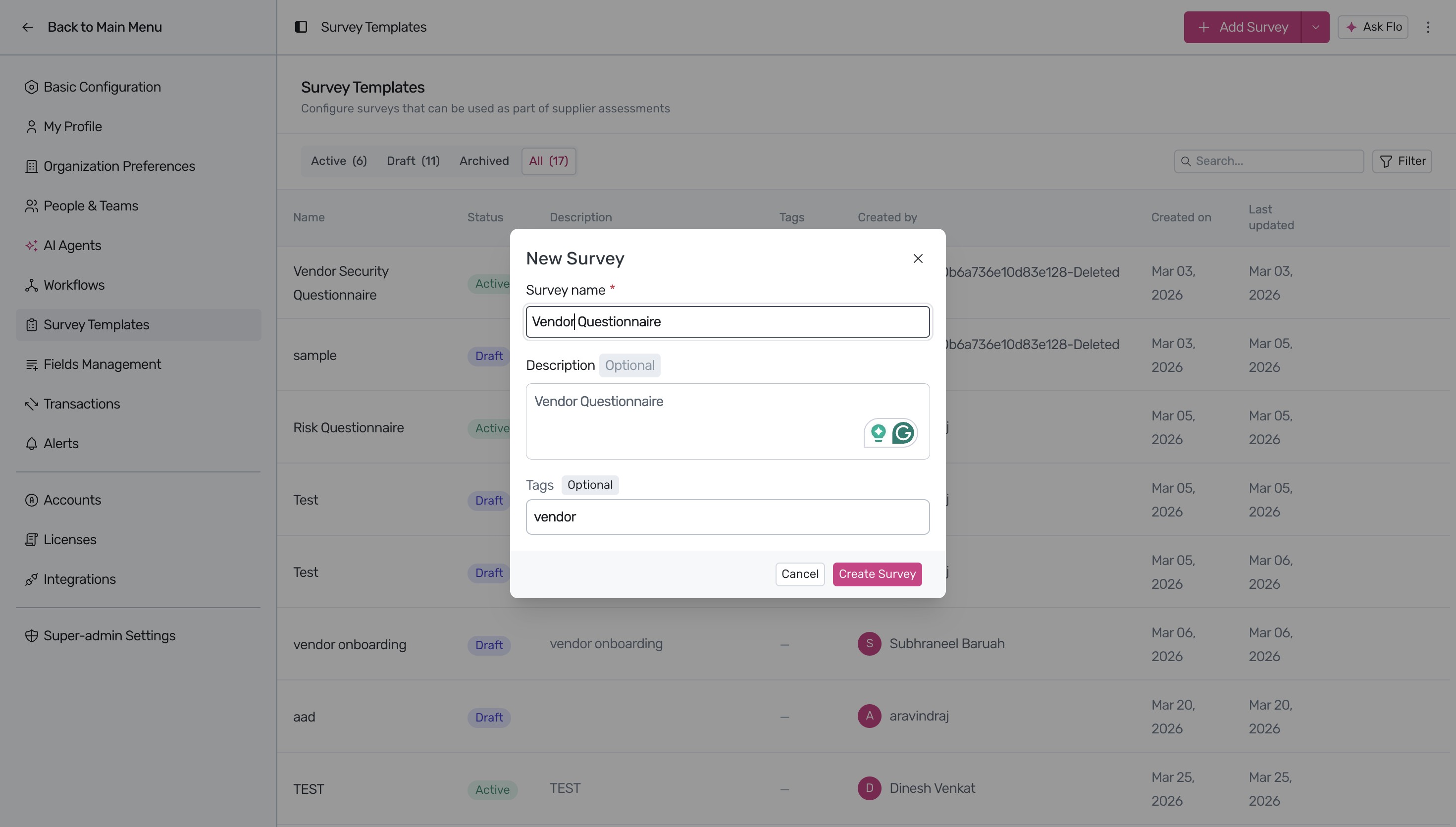 New Survey modal with details fields