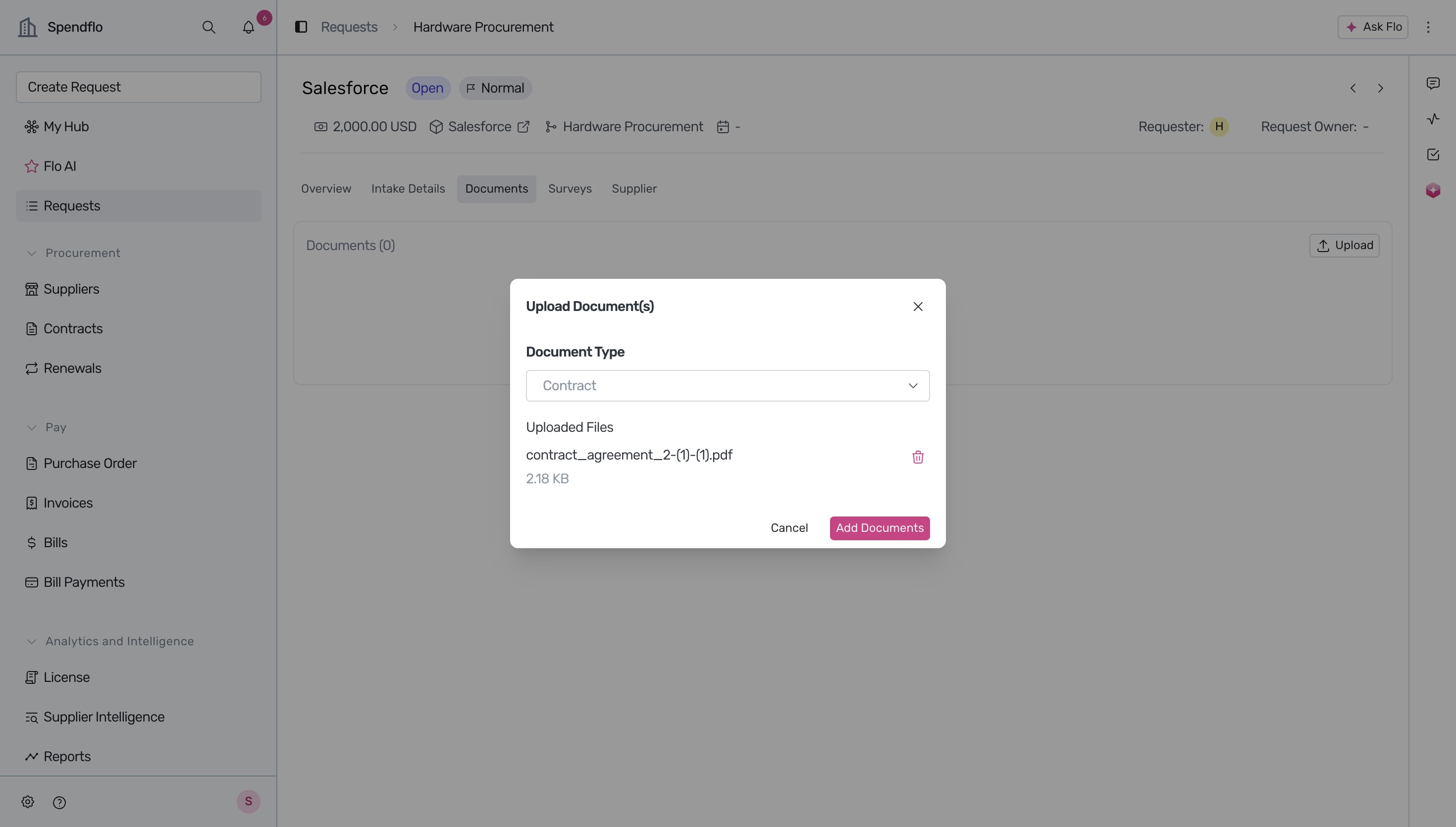 Upload document modal with document type selection