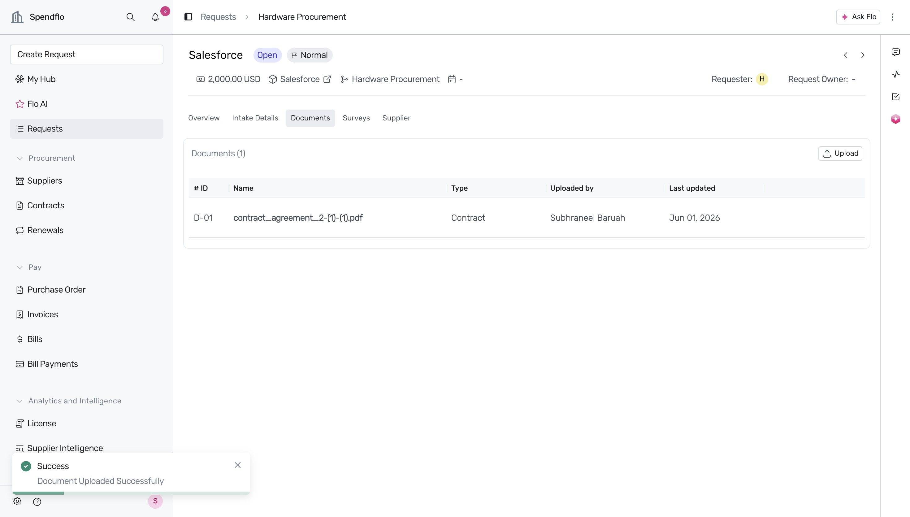 Success notification for uploaded document