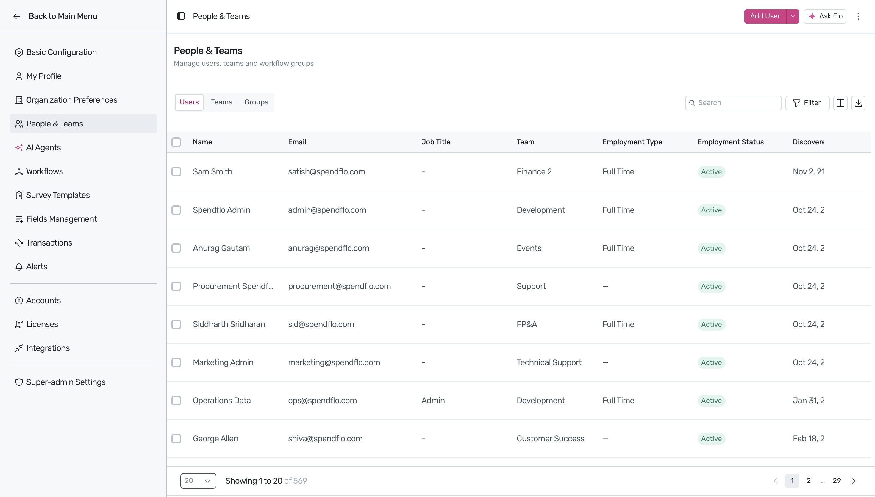People and Teams settings menu option