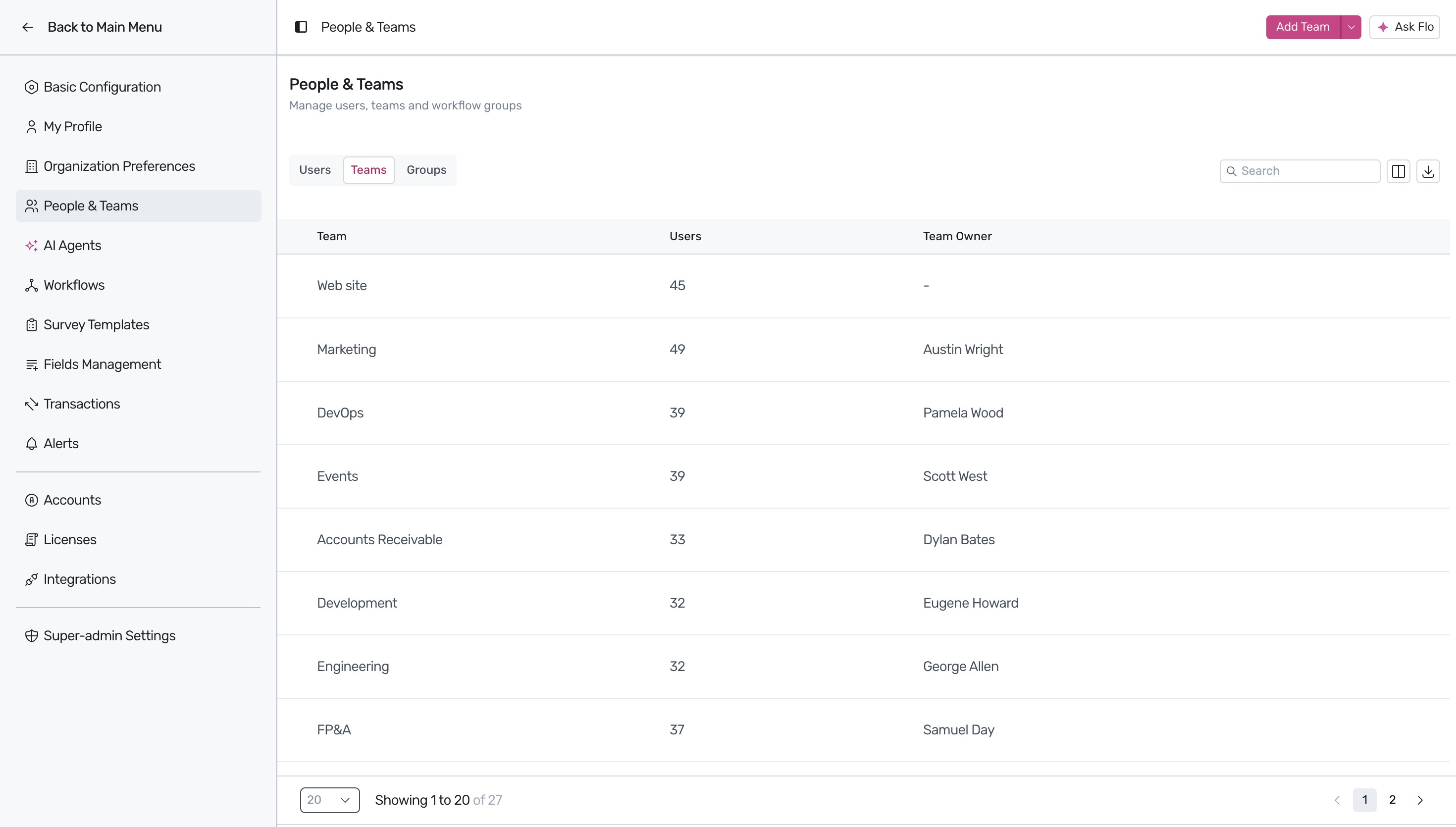Teams tab inside People and Teams settings