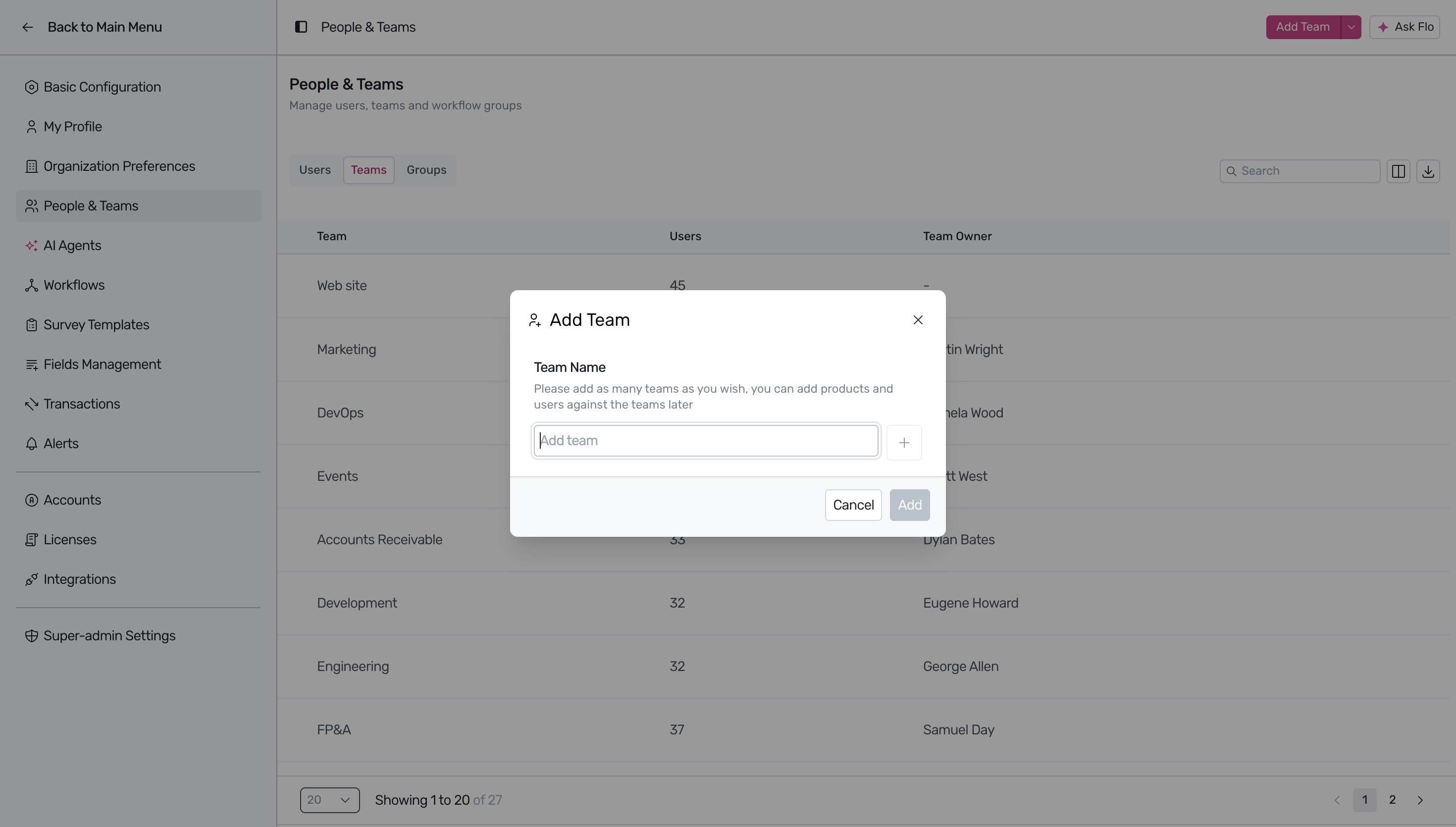 Add Team button in settings dashboard