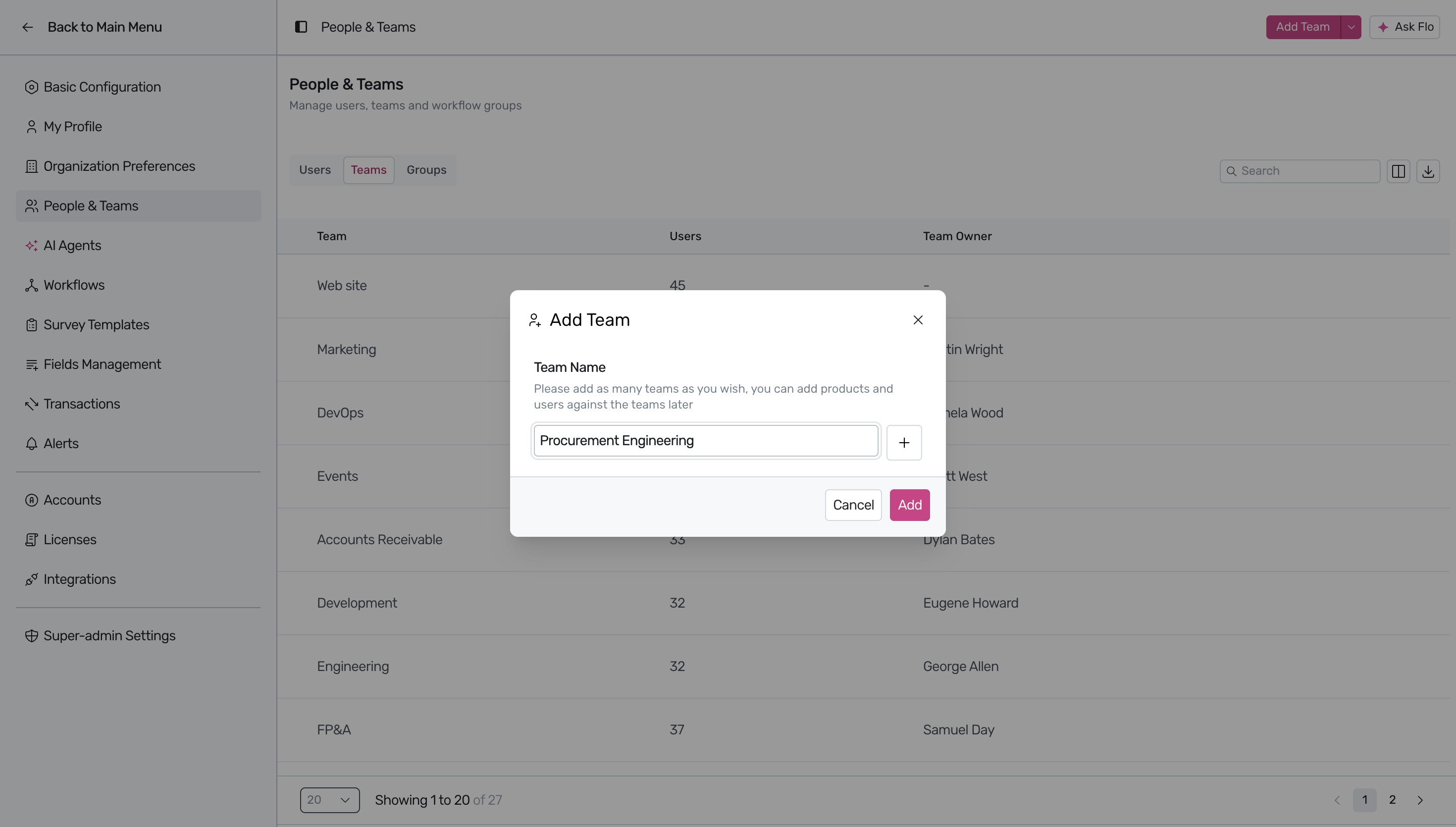 Add Team dialog box with name input field