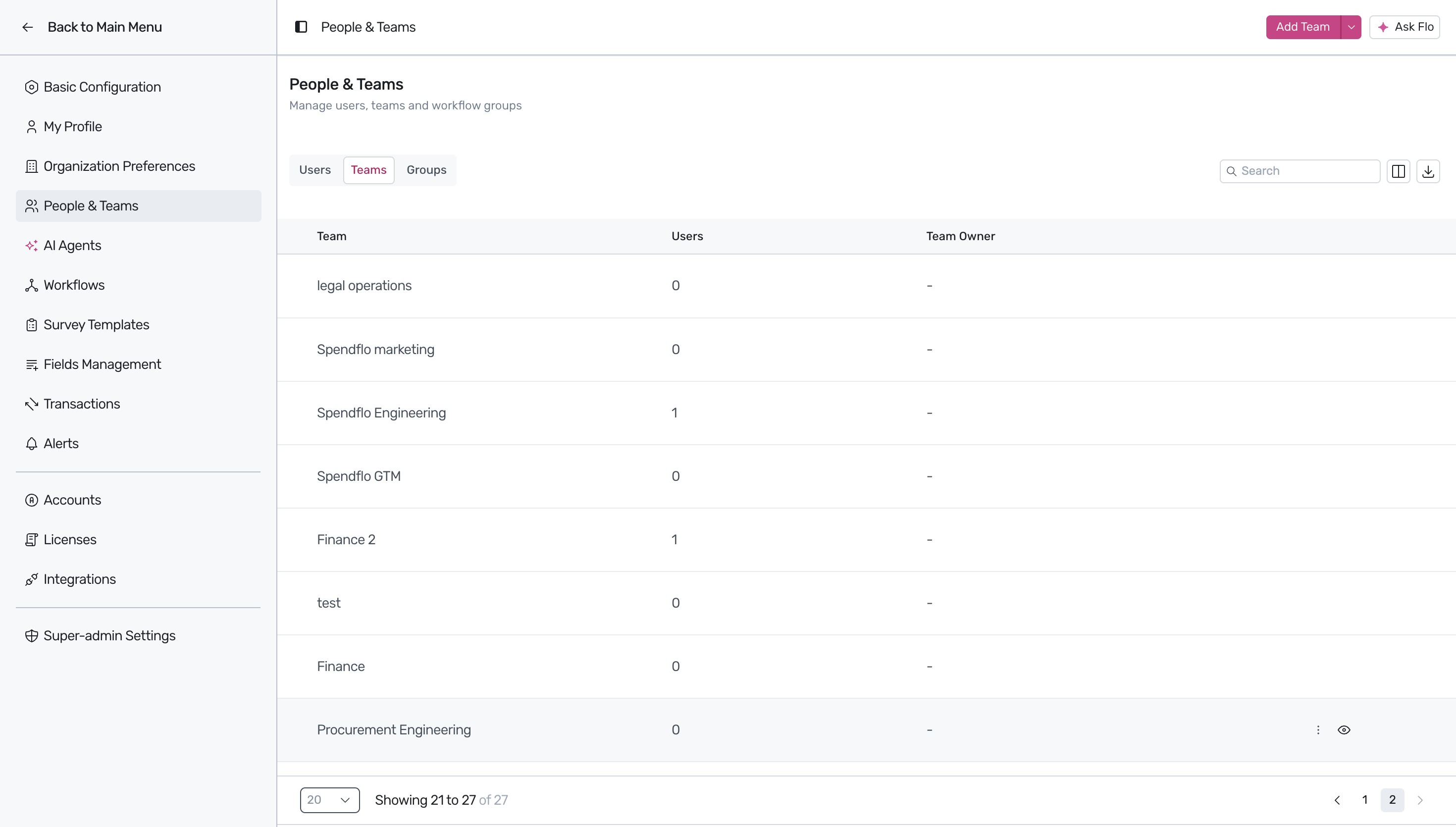 List of teams in Spendflo settings