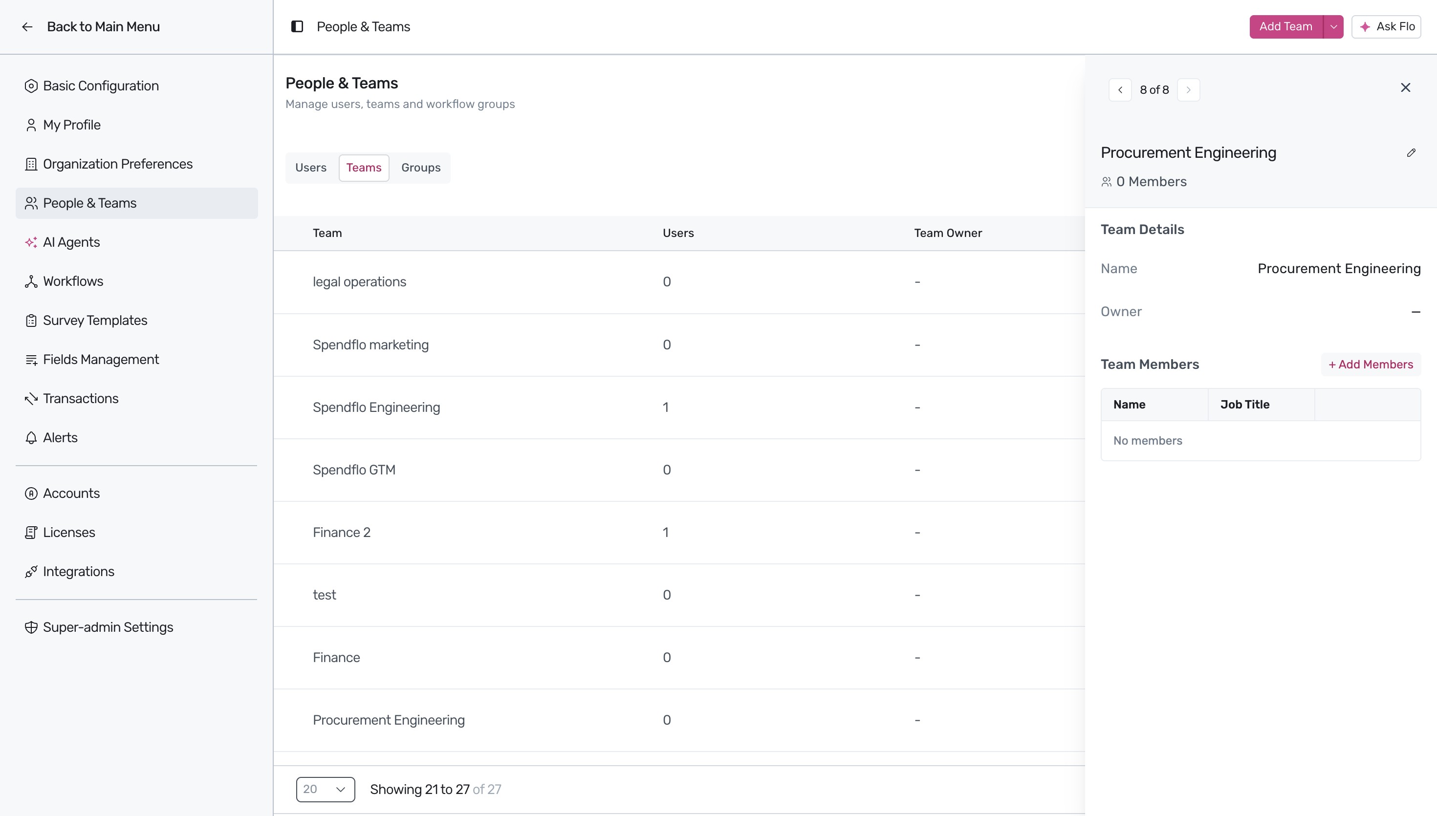 Team details panel showing member options