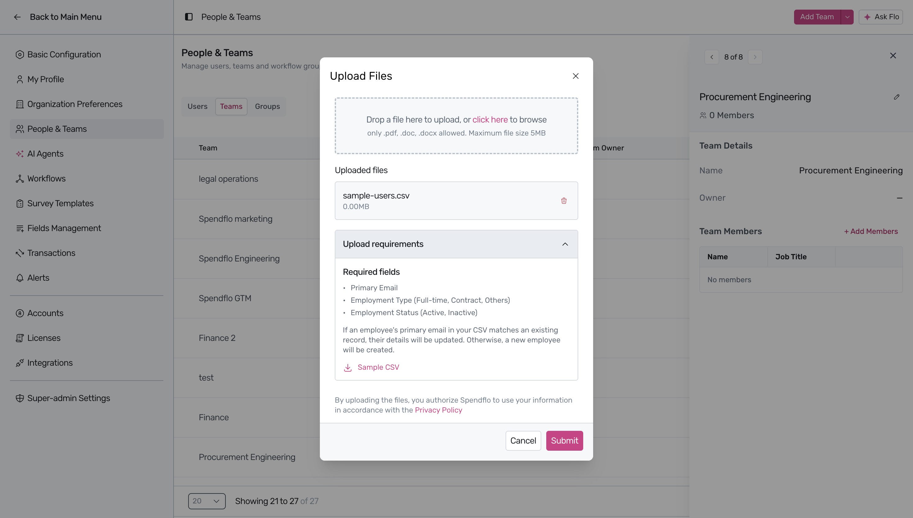 Upload Files modal with submit button